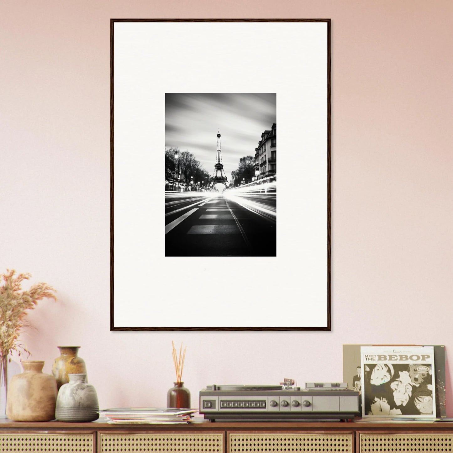 Framed black and white Eiffel Tower art from Synth Wave Elysium for your wall