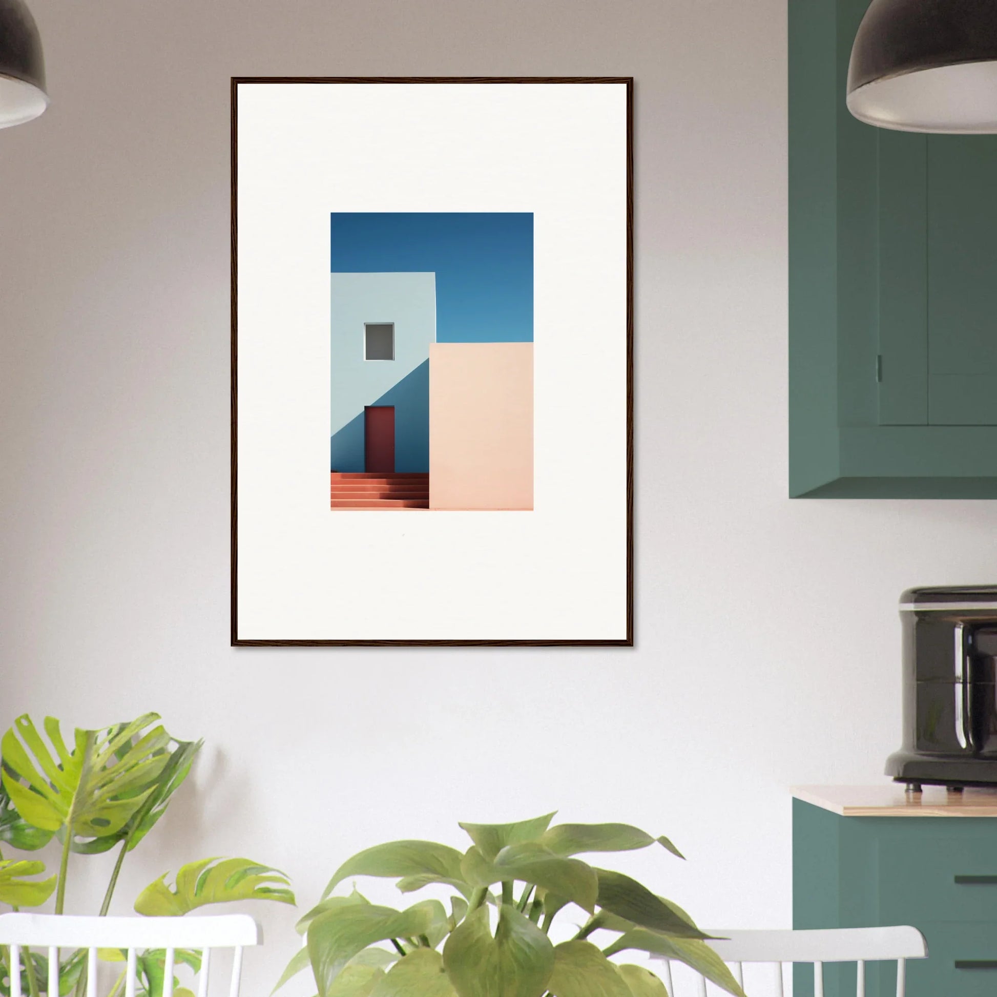 Framed minimalist architectural photo with blue sky and red surface for Tangents of Porcelain