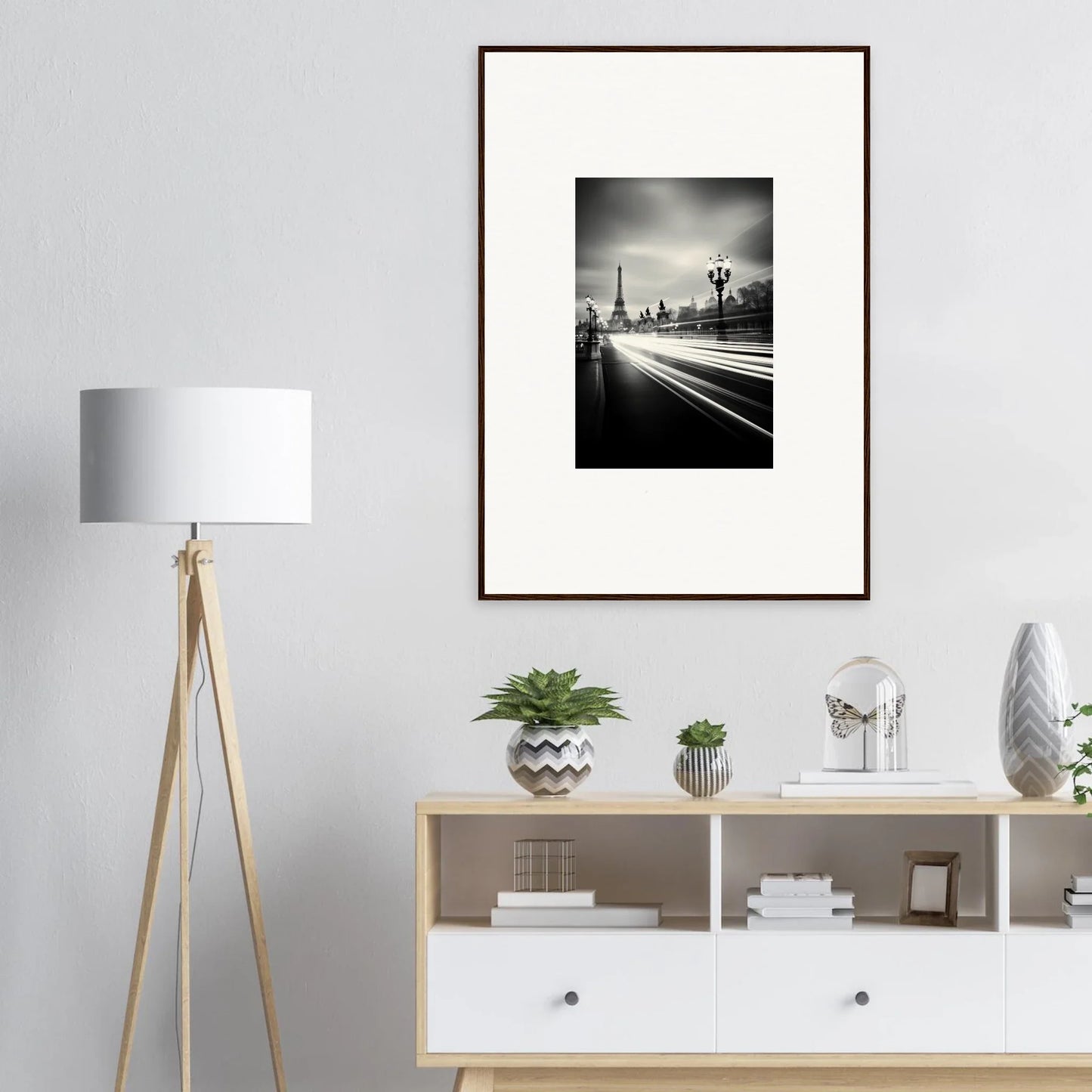 Framed wall art of the Eiffel Tower with light trails, part of Velocity Of Memories