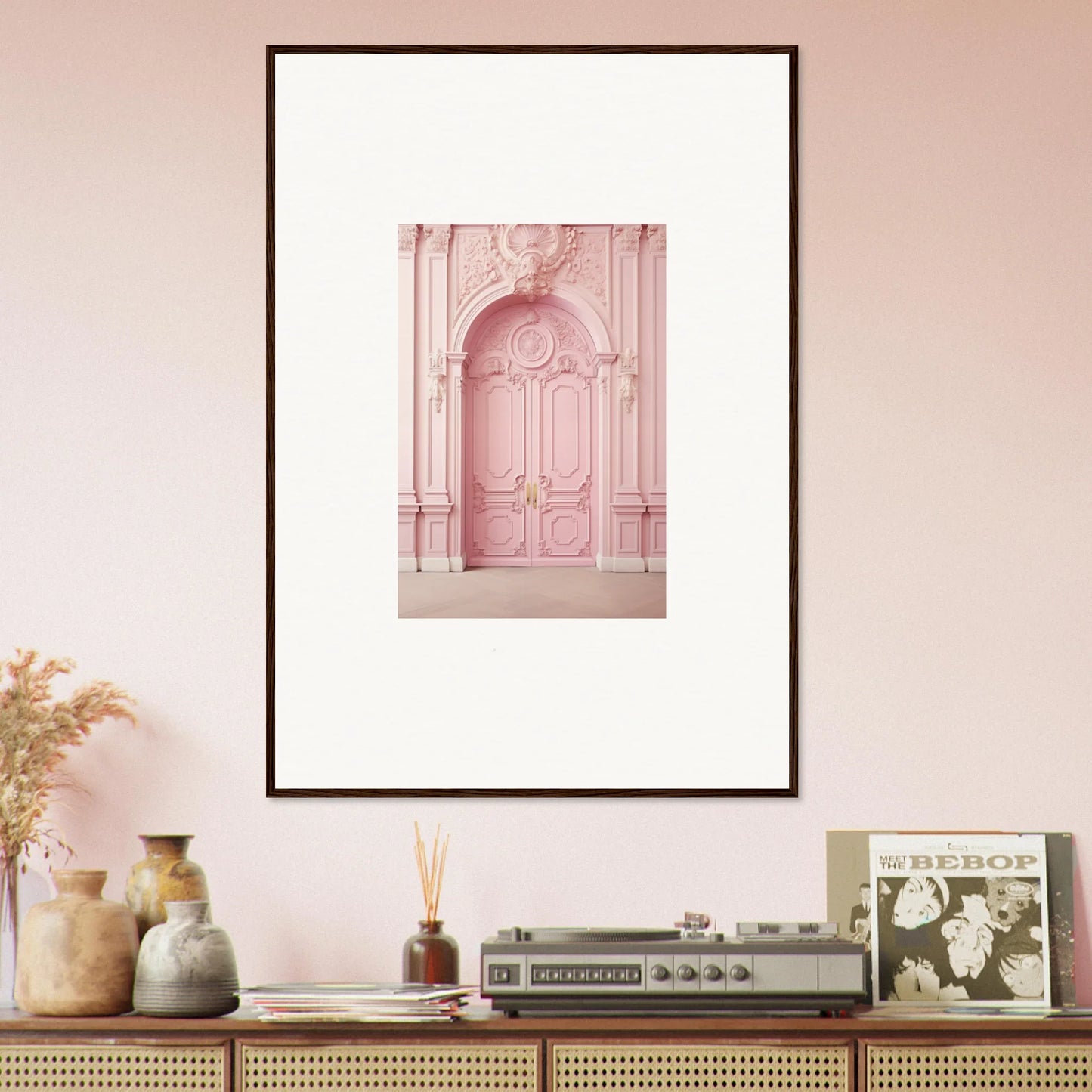Framed pink photo of a stunning ornate door in Blush Merciful Renaissance art™