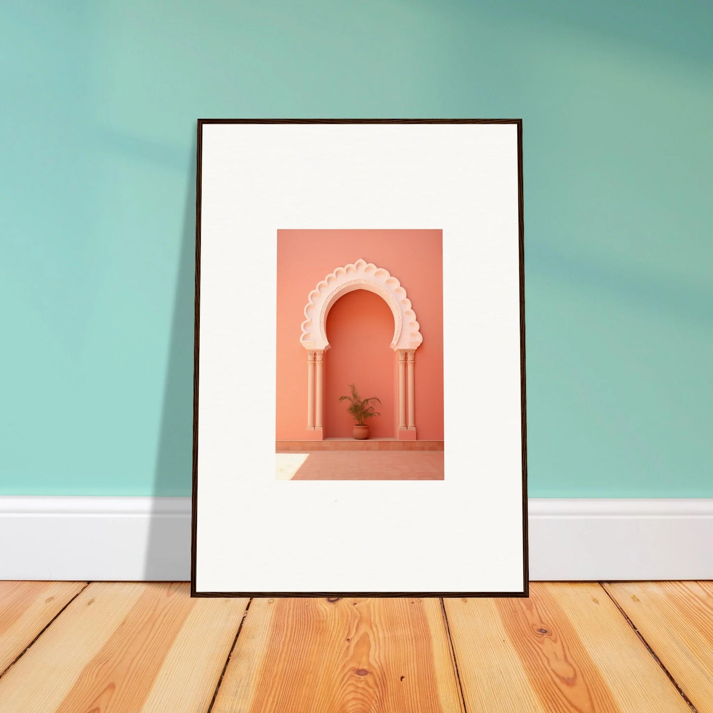 Framed wall art of the Narco Échappatoire Portal with a pink archway and potted plant