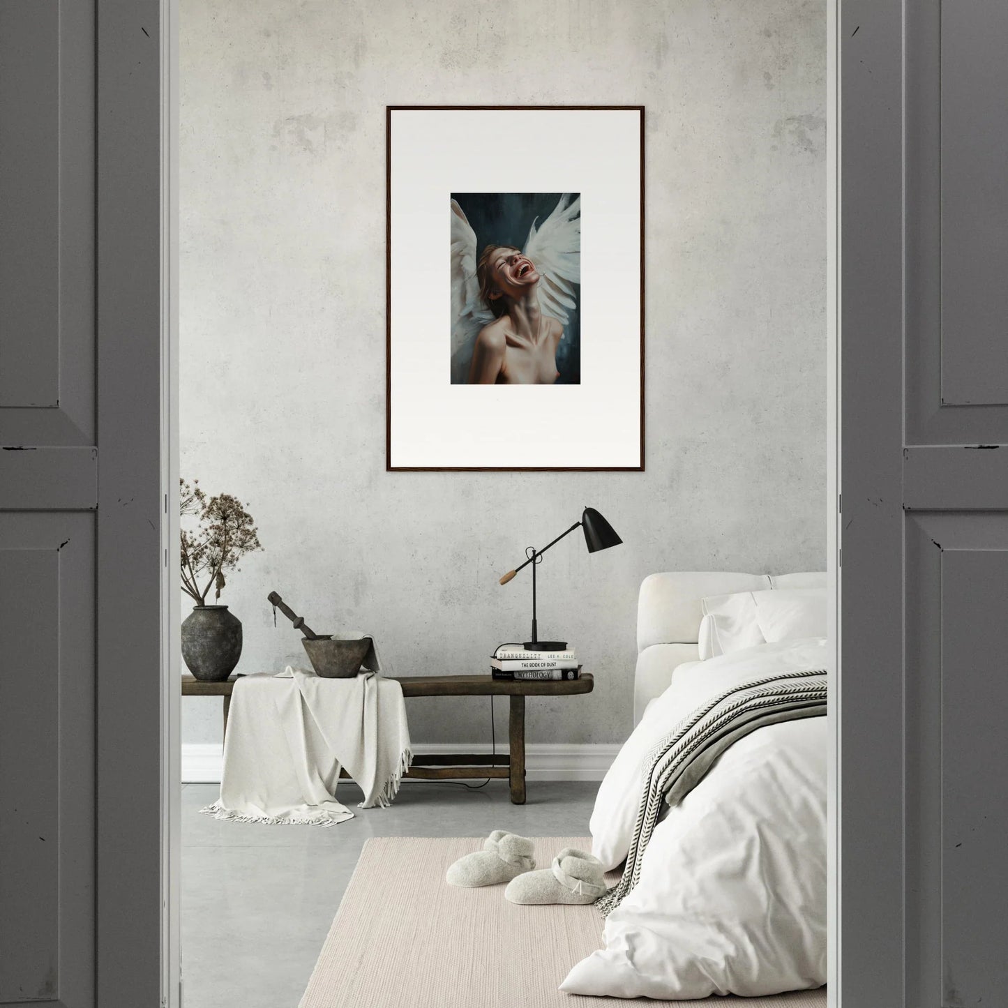 Framed wall art of an angelic figure, perfect for room decoration or a canvas print