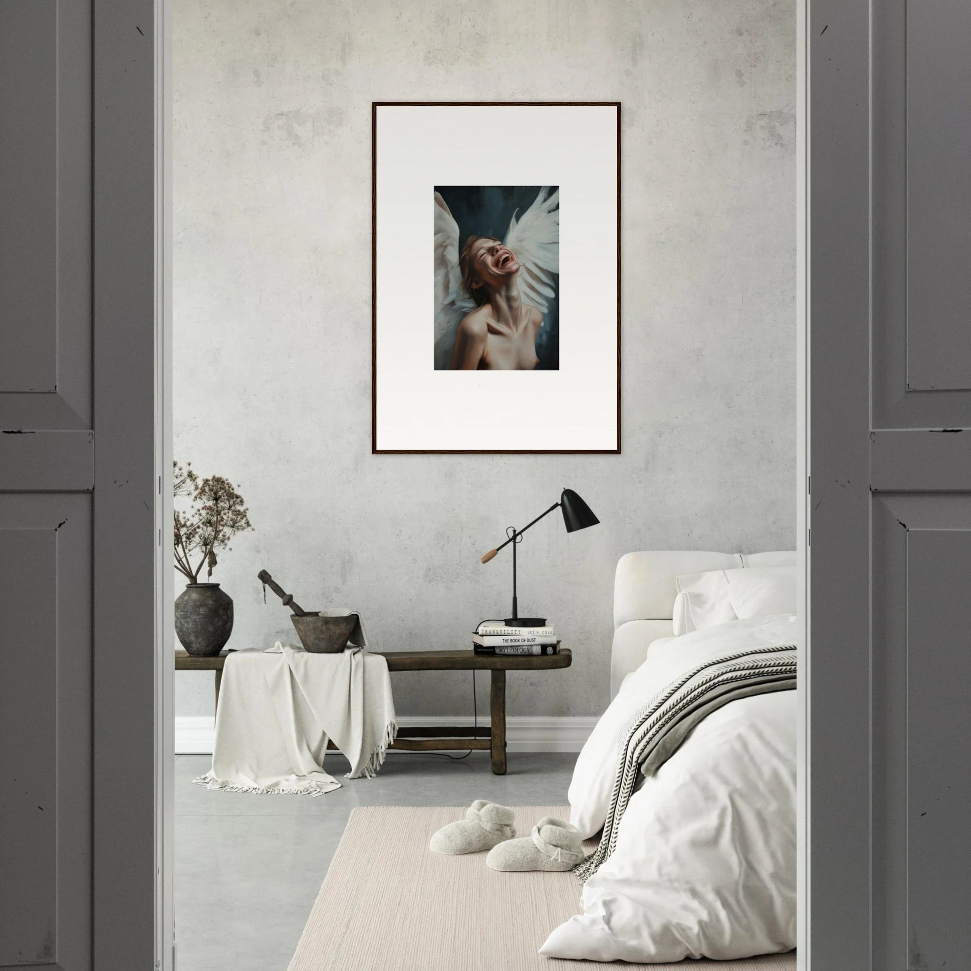 Framed wall art of an angelic figure, perfect for room decoration or a canvas print
