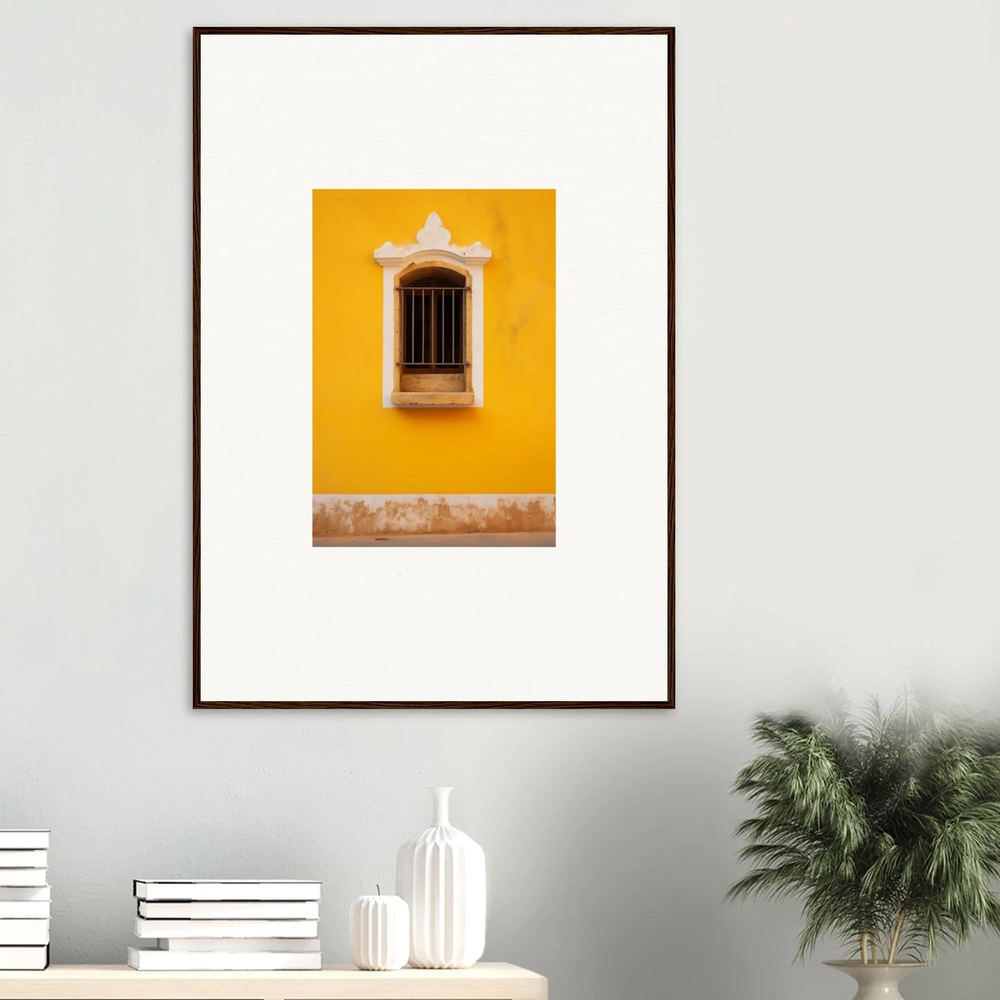 Framed photograph of a barred window on a yellow wall from Daisy Dreamgate Portal Special Edition Art™