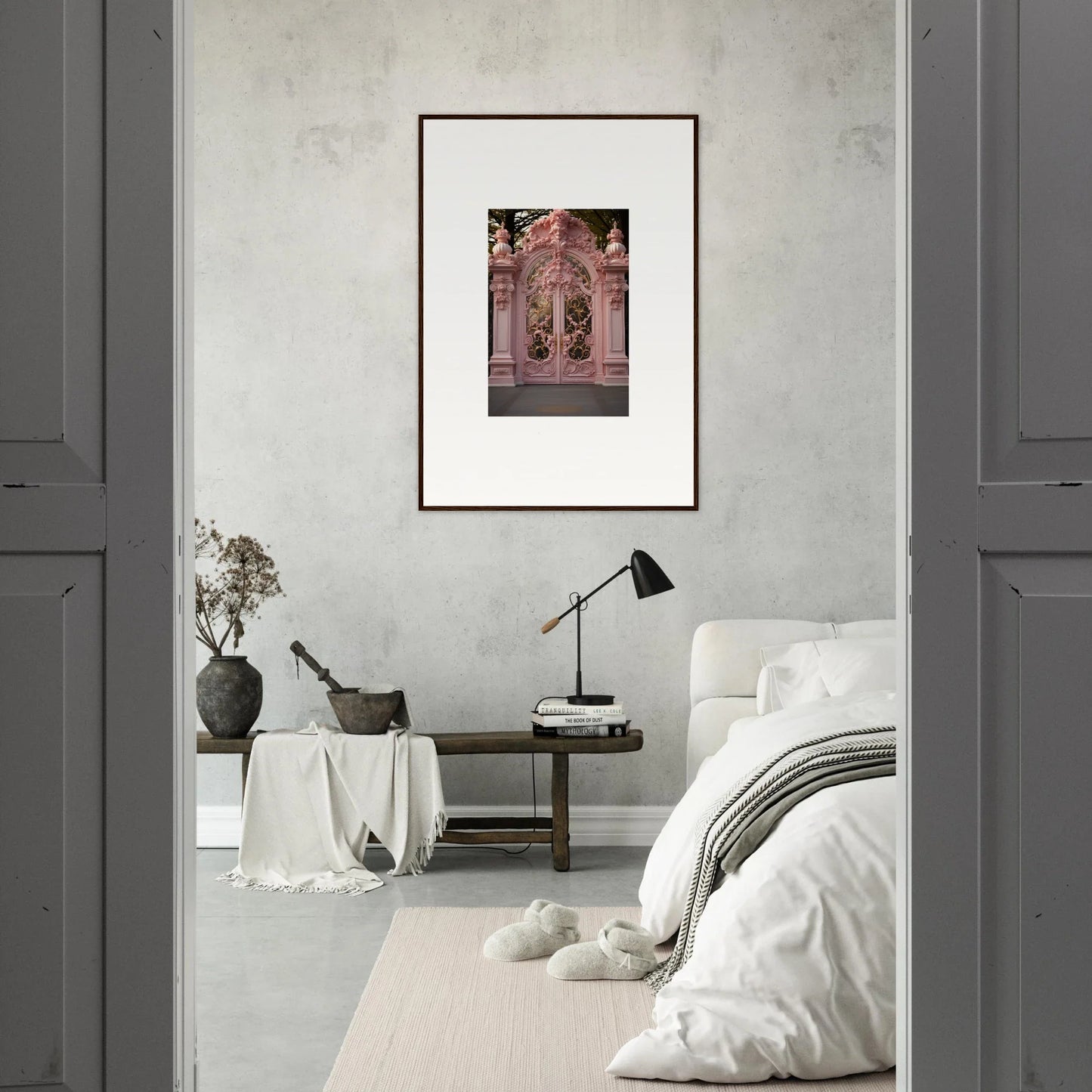 Framed artwork of an ornate doorway on a gray wall from Opulent Doorscape Divinity