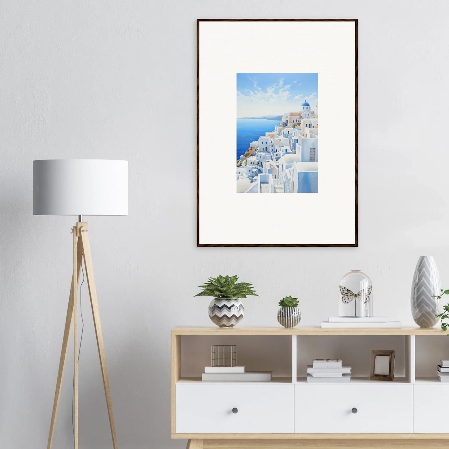 Premium framed wall art of Santorini’s dreamy white buildings and blue domes