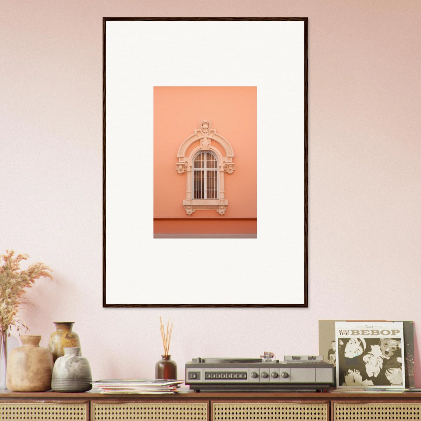 Framed photo of an ornate peach window in Opulent Dualities Neoclassical style