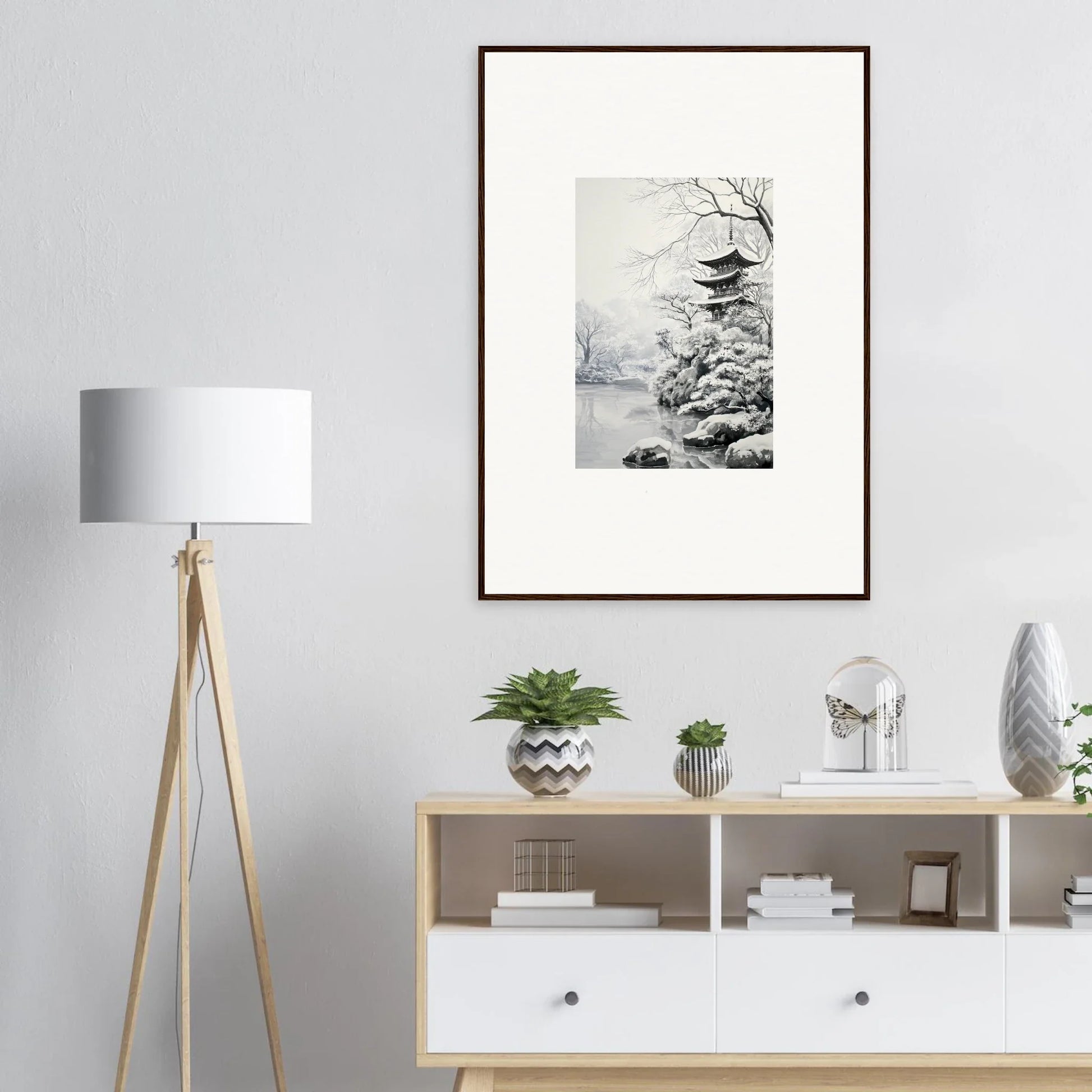 Framed wall art of a Japanese pagoda in winter, perfect for Crystallized Blossom Oasis