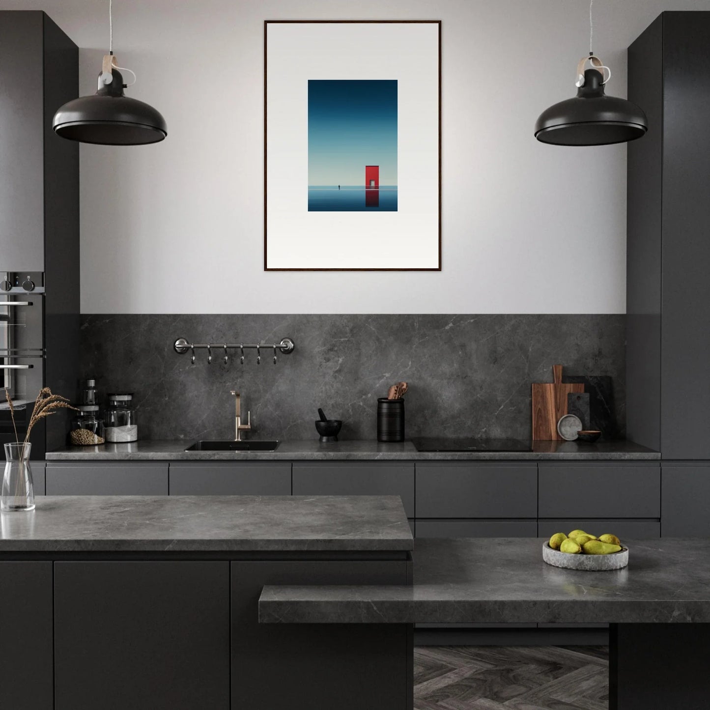 Modern dark gray kitchen with industrial pendant lights and Open Horizon special edition art