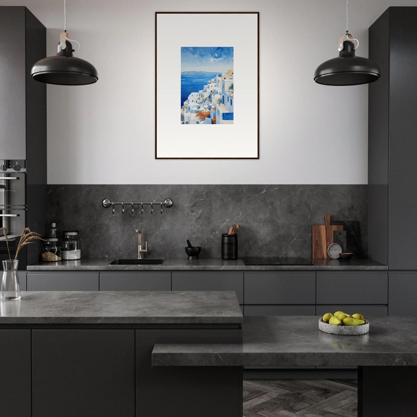 Modern dark gray kitchen with industrial lights and Ethereal Azure Echoes art