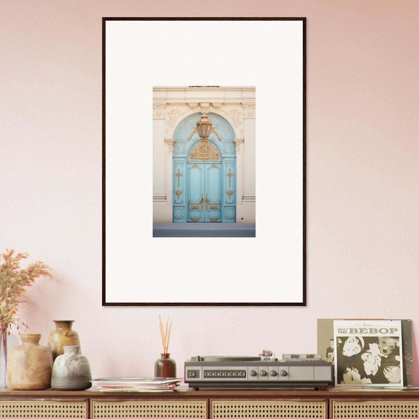 Framed poster of an ethereal thresholding gate with a light blue ornate European door