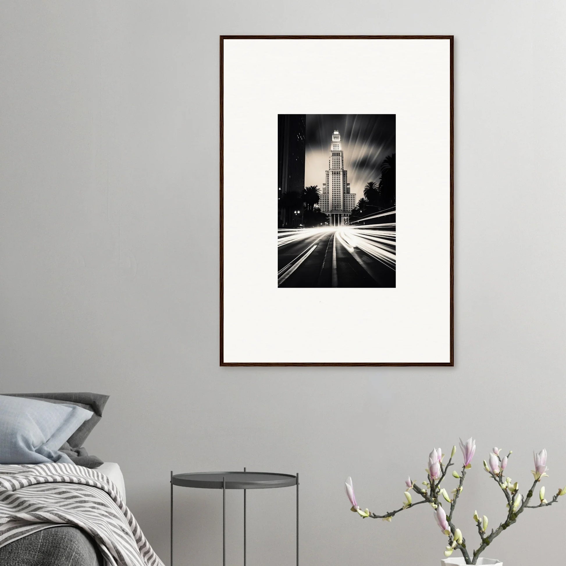 Framed black and white art of a city skyscraper for the Luminescent Metropolis Beacon