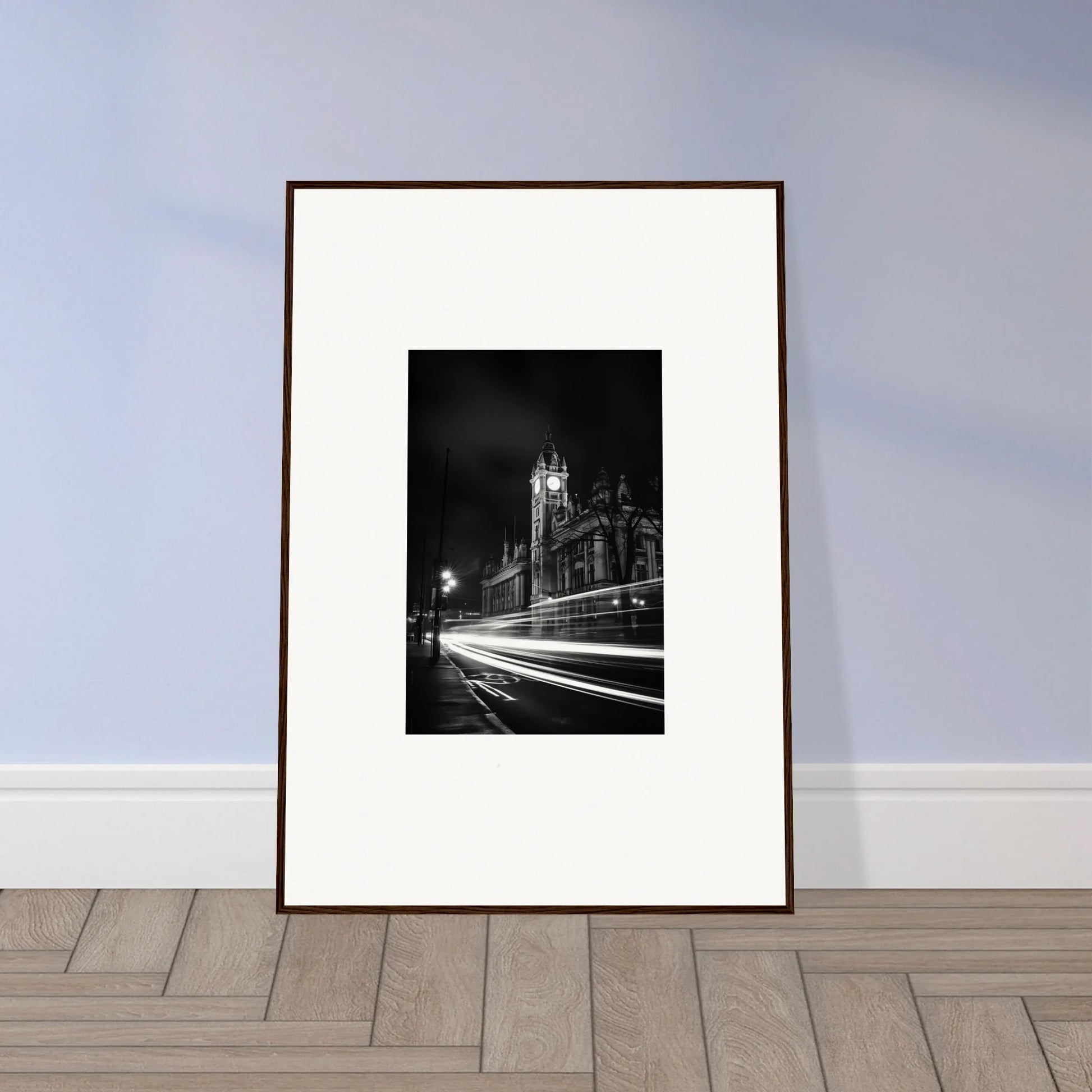 Framed black and white church photo at night with light trails, Temporal Phantasm Glide special edition art™
