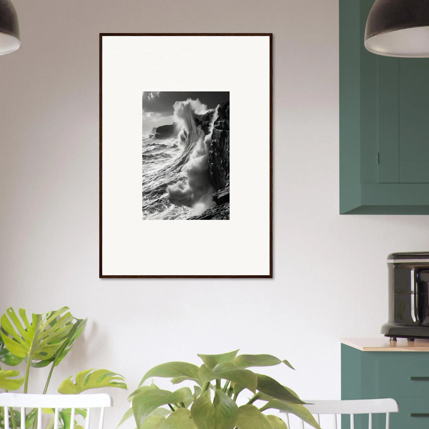Framed wall art of dramatic wave crashing, perfect for Tidal Curved Reality collection