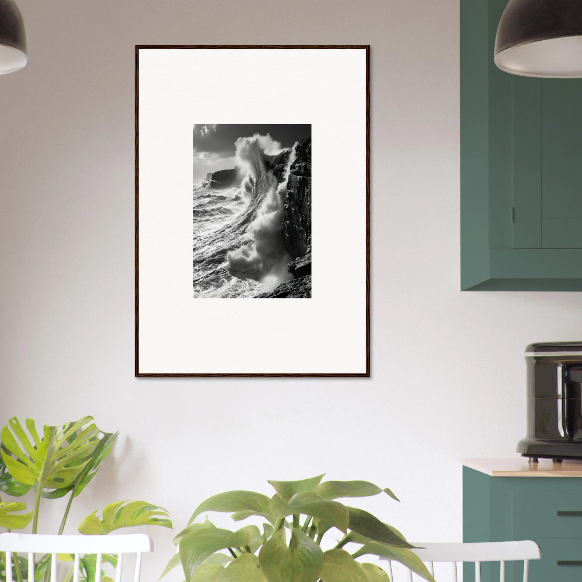 Framed wall art of dramatic wave crashing, perfect for Tidal Curved Reality collection