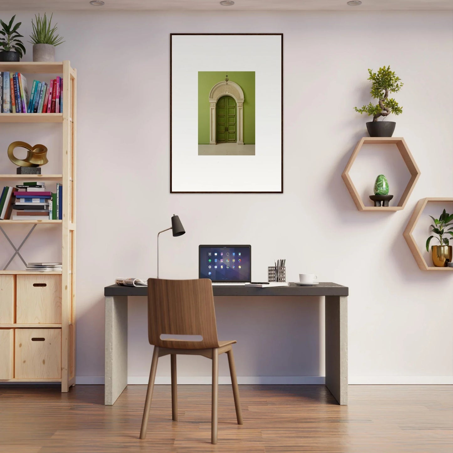 Simple home office desk with a laptop and wooden chair featuring Verdant Luminary Portal