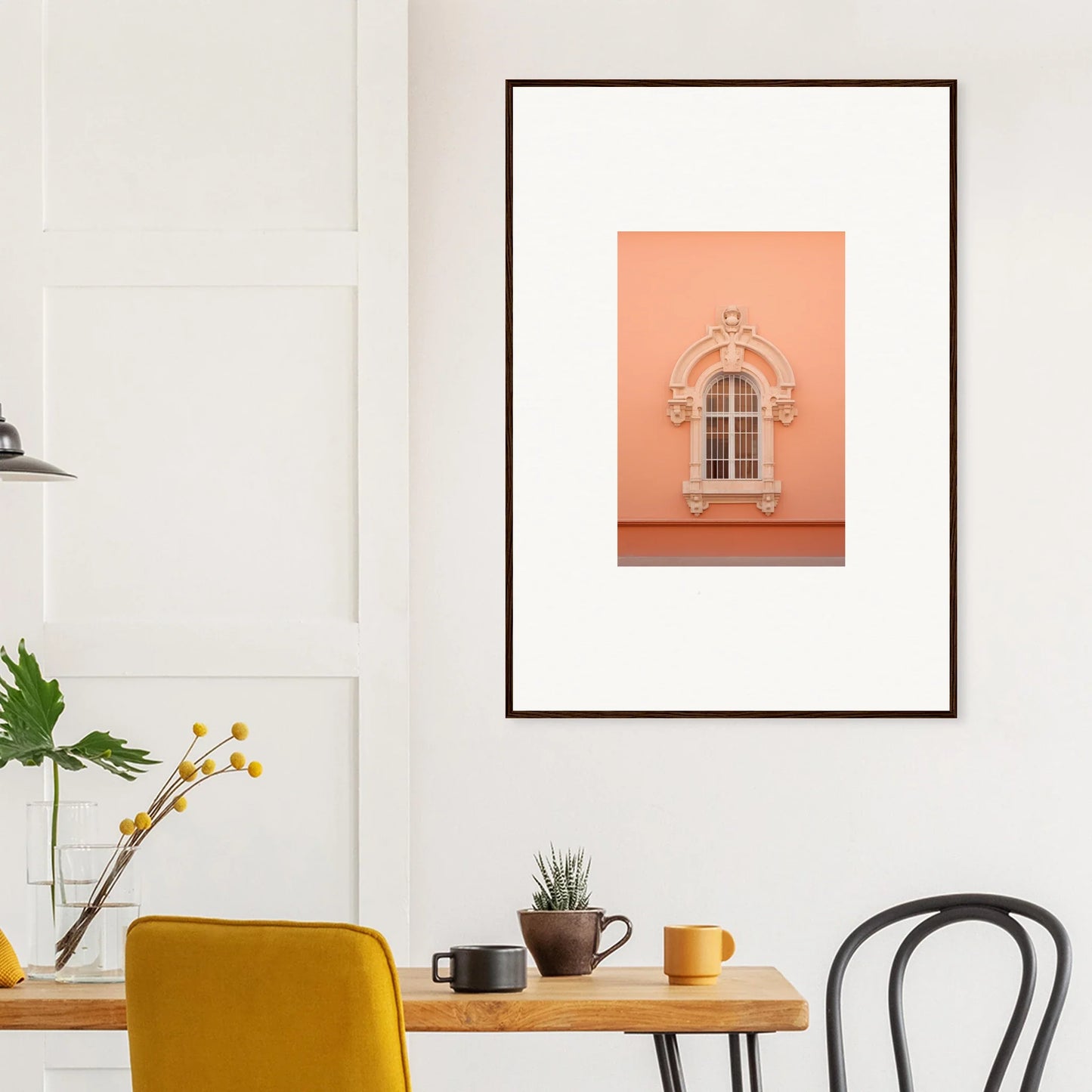 Framed art print of an ornate window on a peachy-pink wall, Opulent Dualities Neoclassical