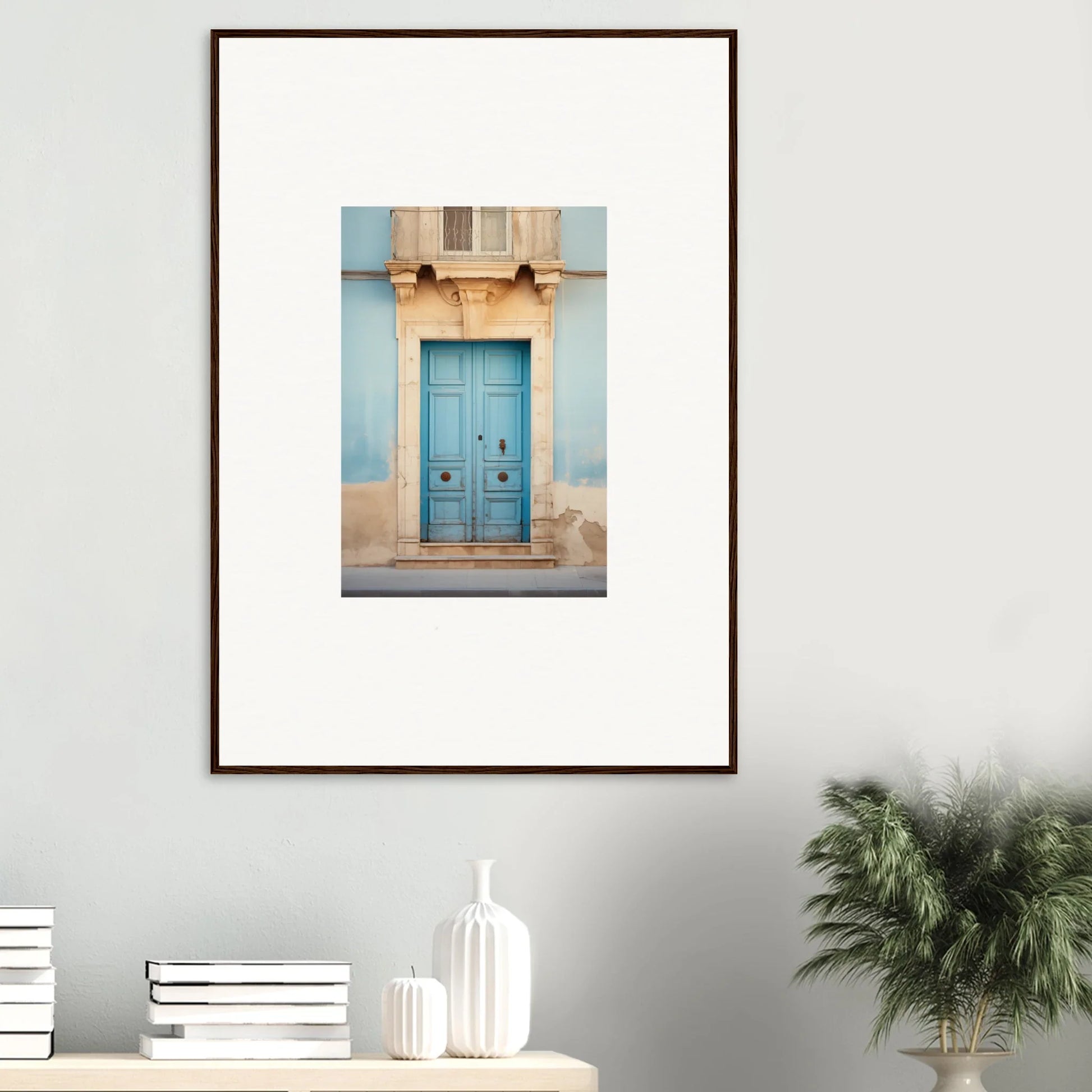 Framed photo of a weathered turquoise door in the Ephemeral Dreamscape Doorway art