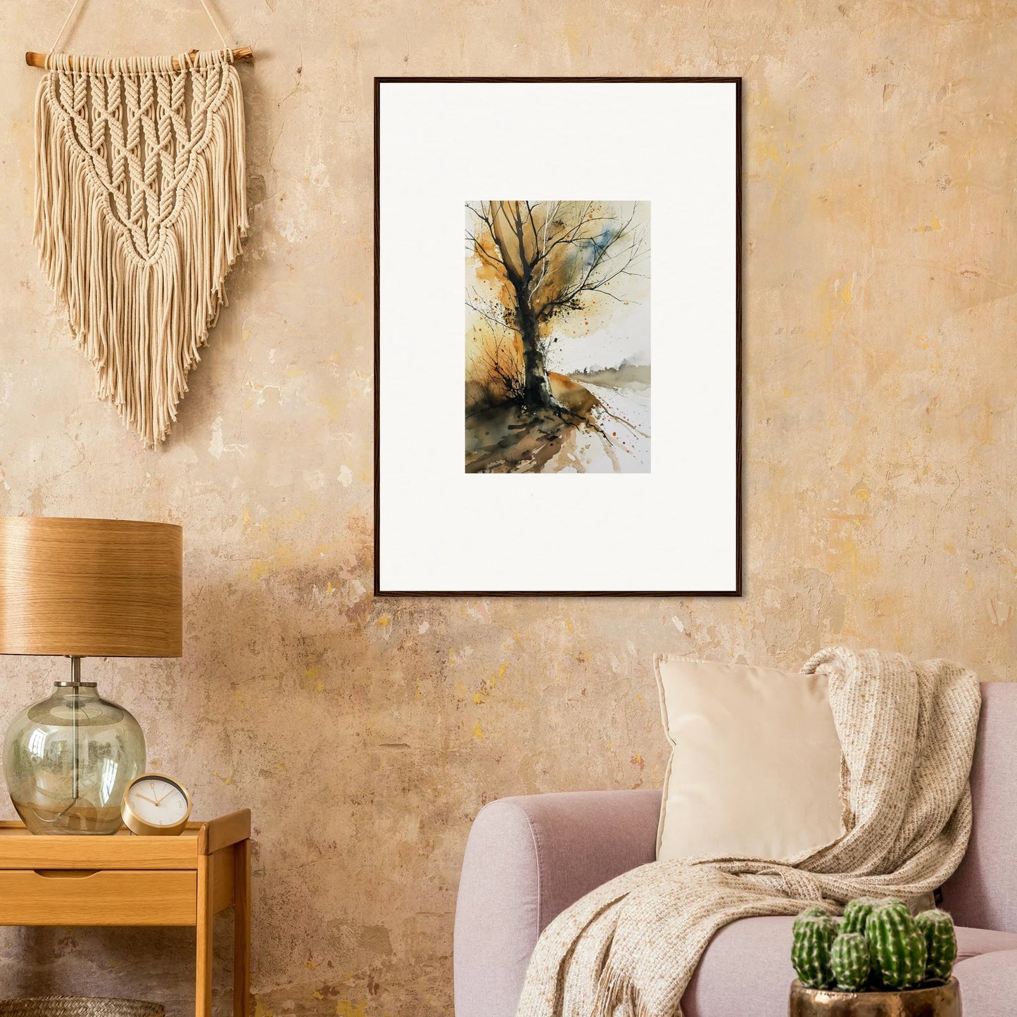 Framed watercolor wall art of a tree by a path perfect for room decoration