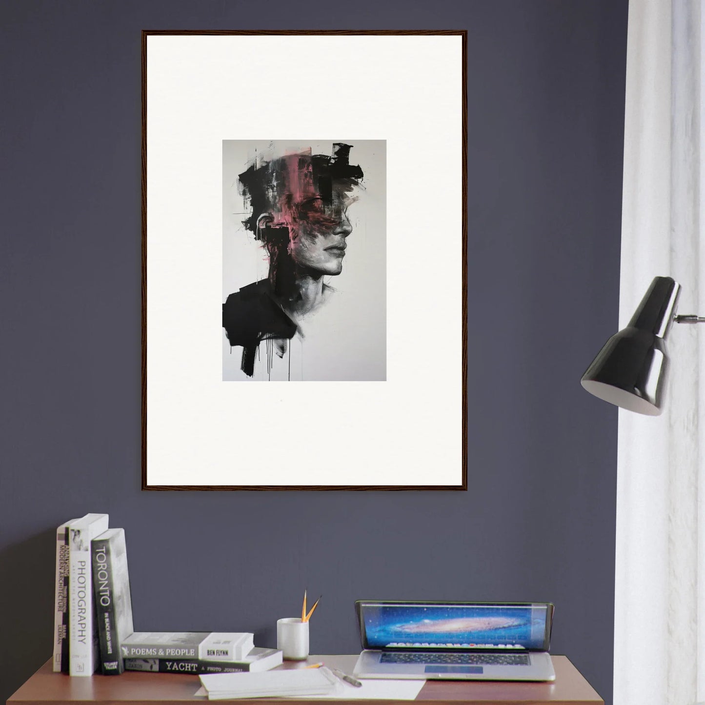 Abstract portrait with red and black strokes on white for Fragmented Psyche Canvas