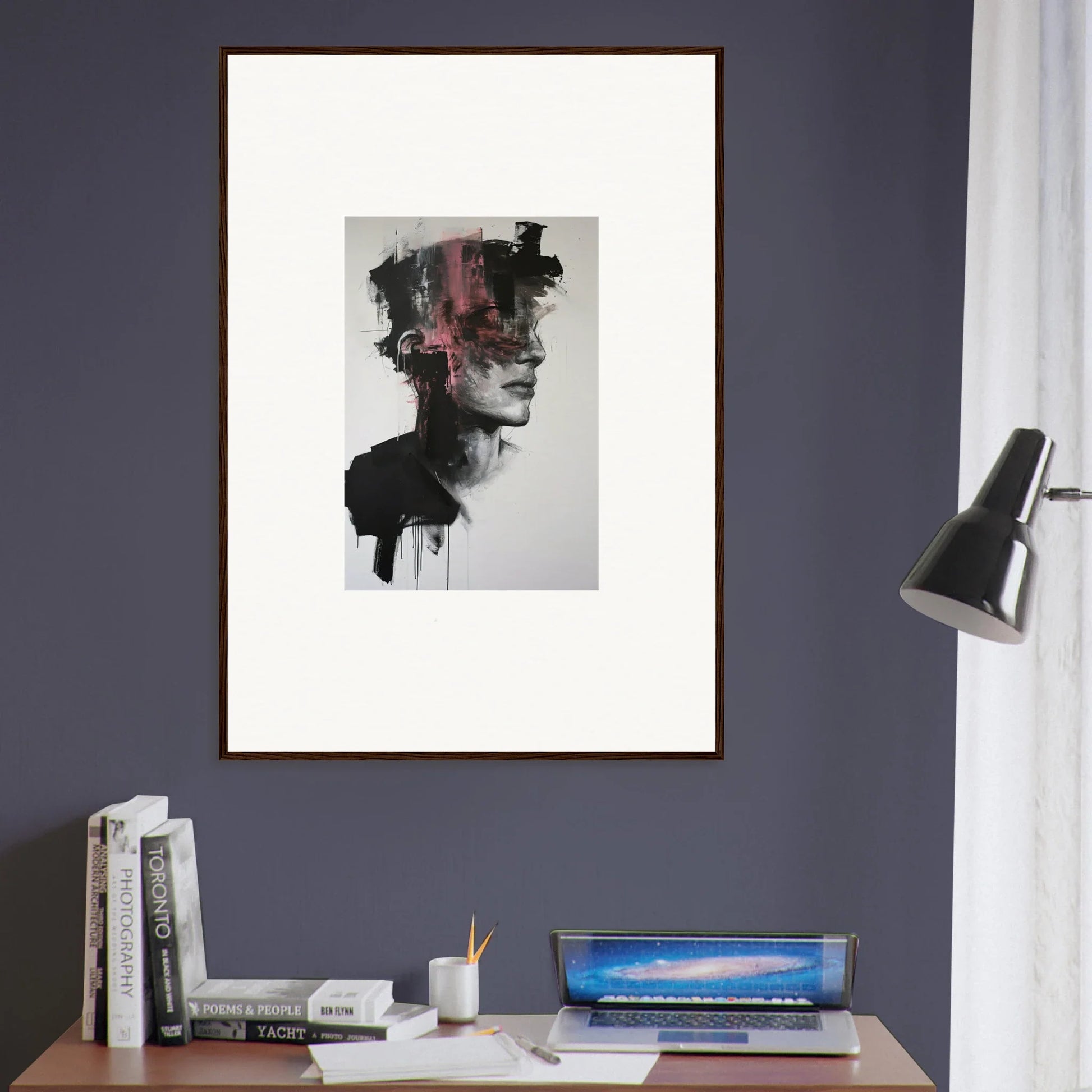 Abstract portrait with red and black strokes on white for Fragmented Psyche Canvas