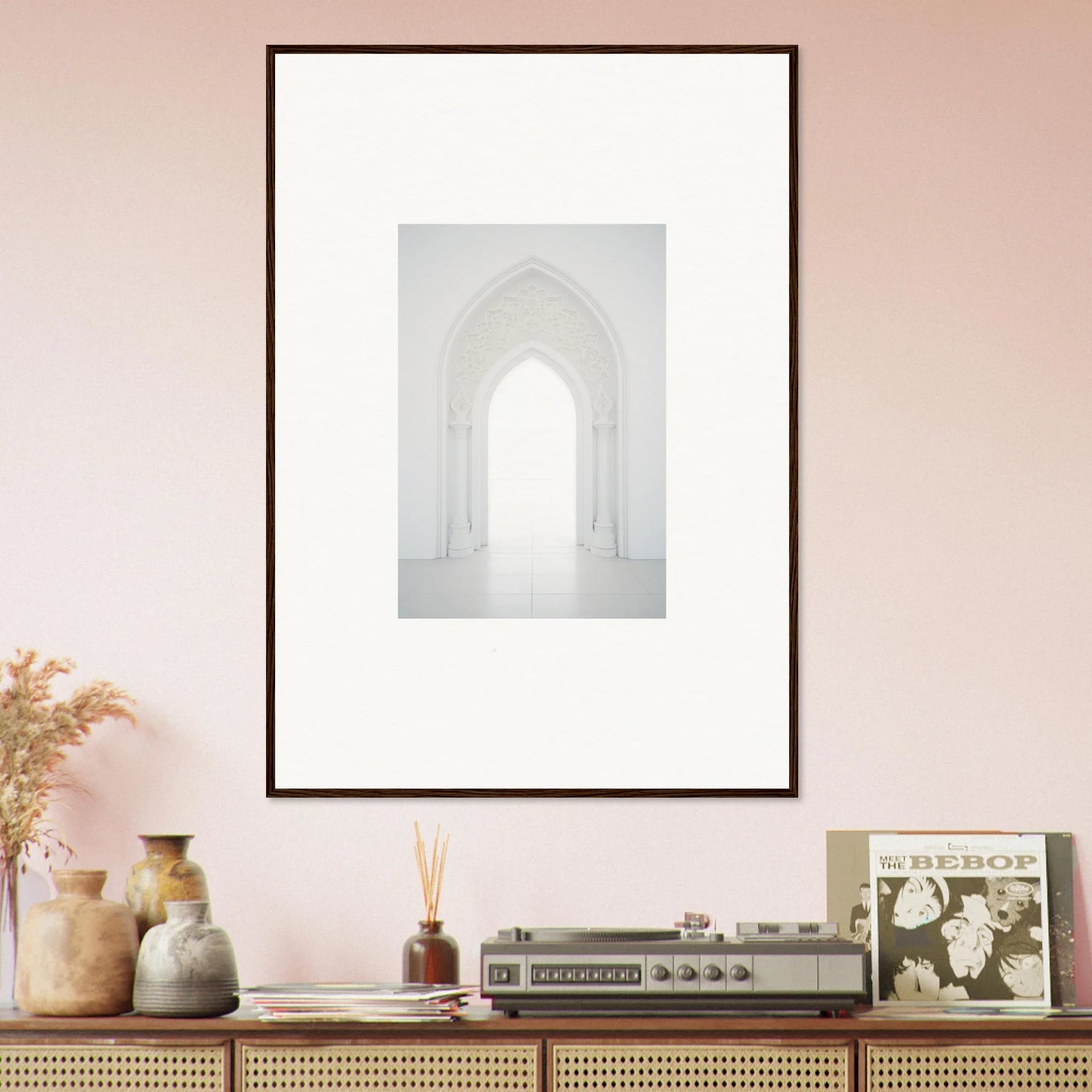 Framed wall art of Meditative Nova Portal with an arched doorway and bright light