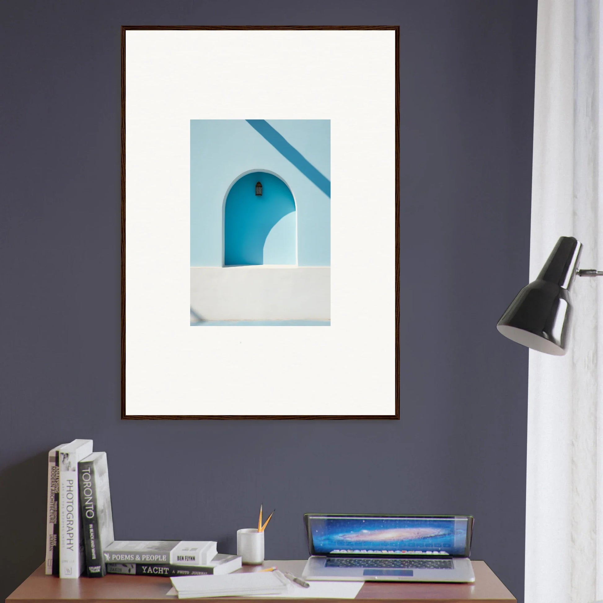 Framed wall art of a Mediterranean archway, embodying elusive solitude clarity