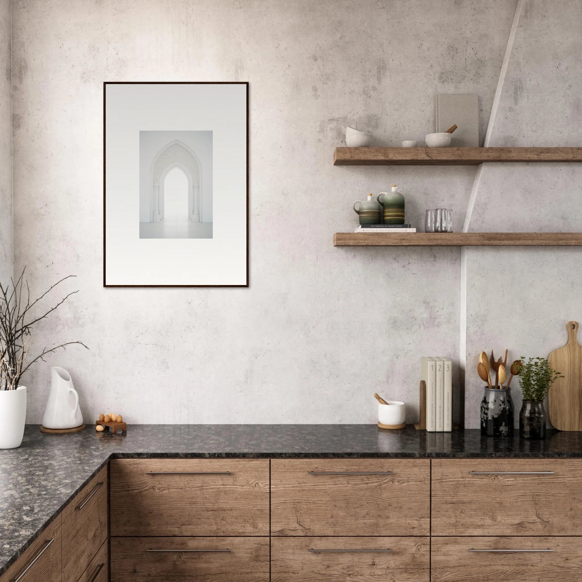 Modern kitchen with Meditative Nova Portal cabinetry, wooden drawers, and dark stone counter