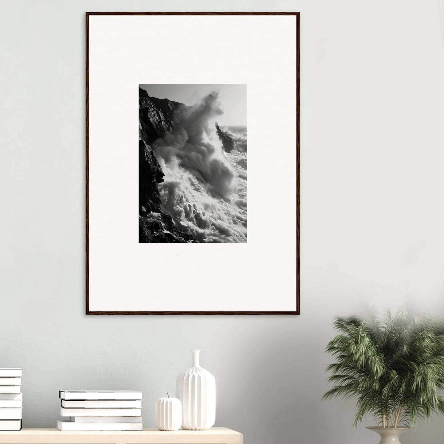 Framed wall art of Ephemeral Echoes Surge with black and white ocean waves crashing