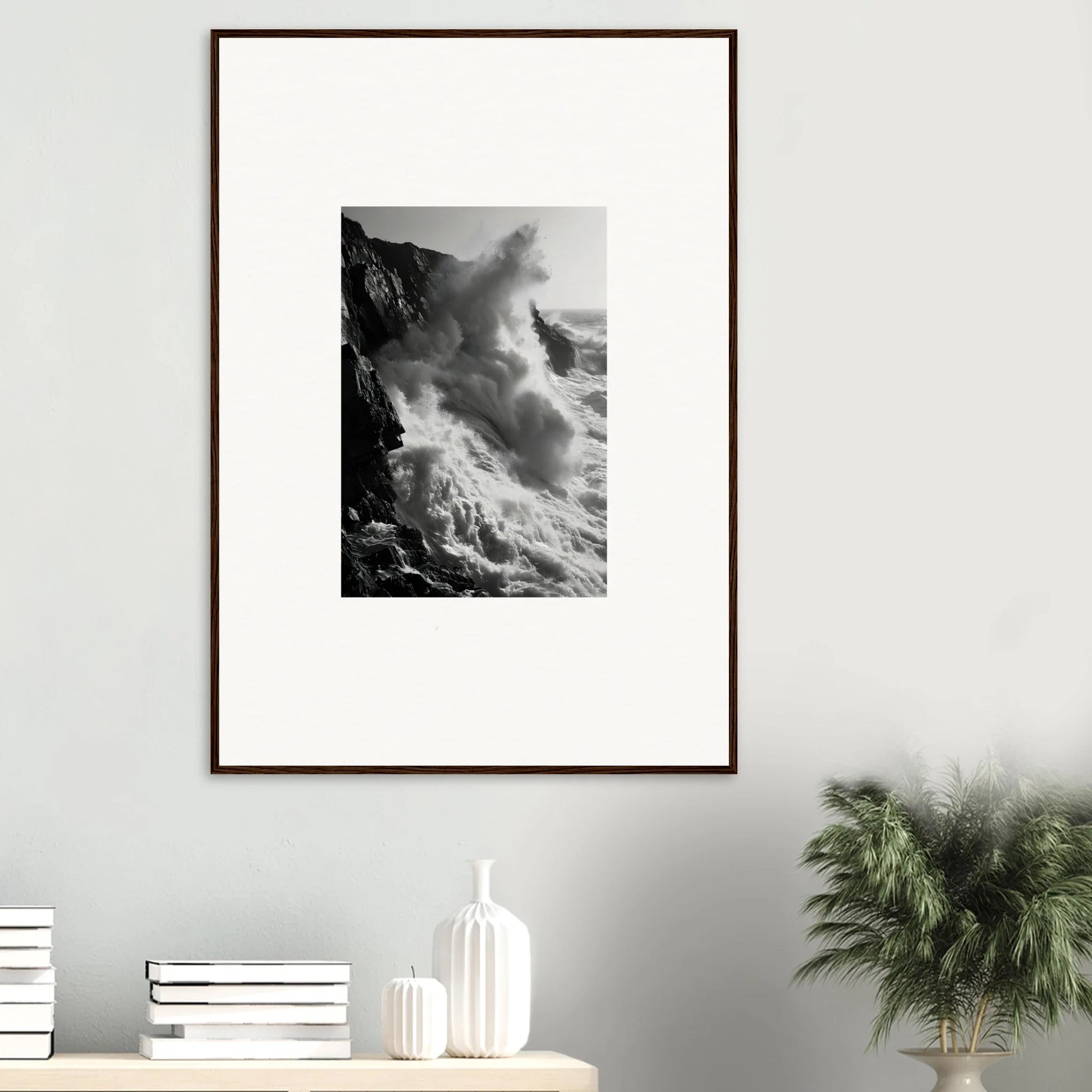 Framed wall art of Ephemeral Echoes Surge with black and white ocean waves crashing