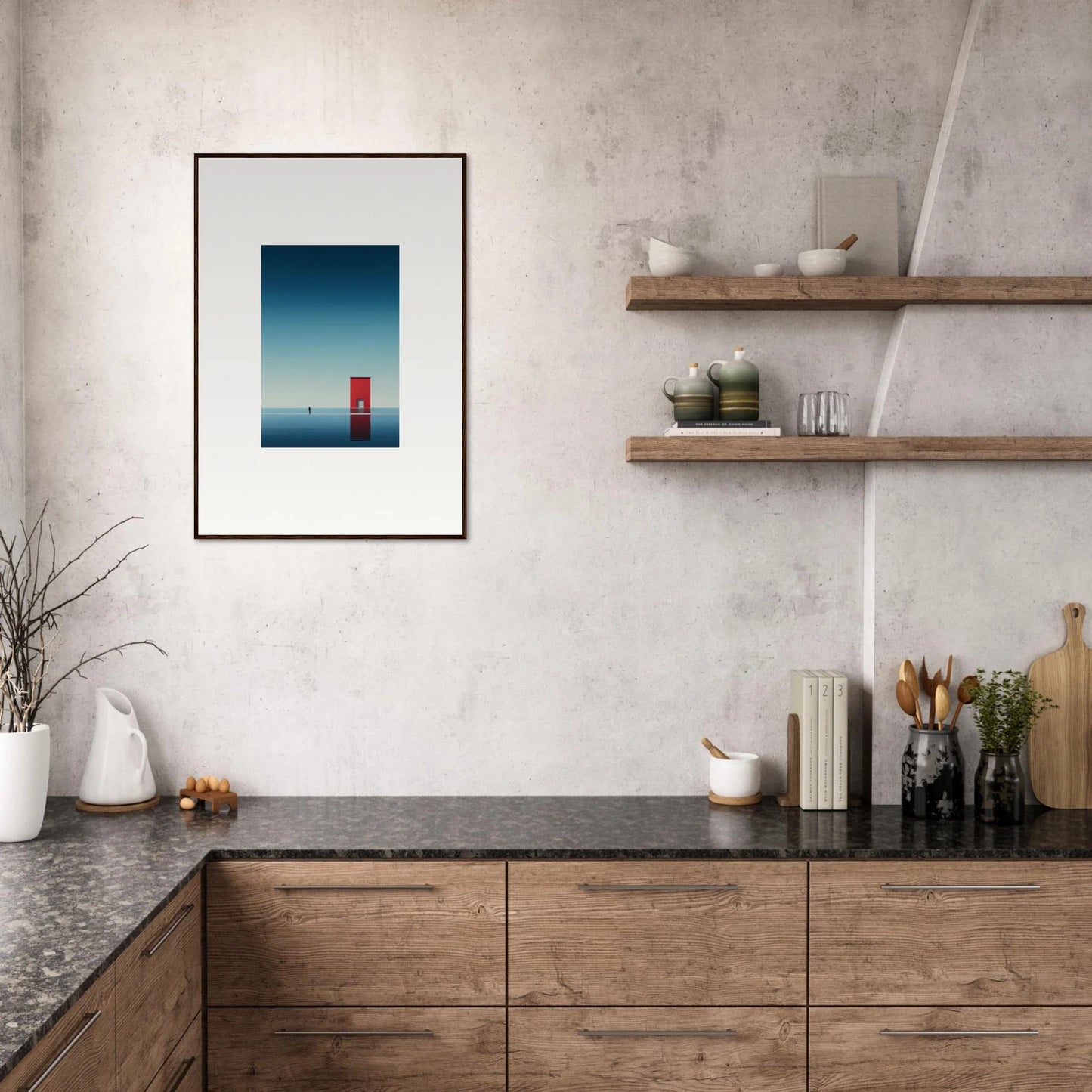 Framed minimalist art of a red phone booth under an open horizon sky for premium decor