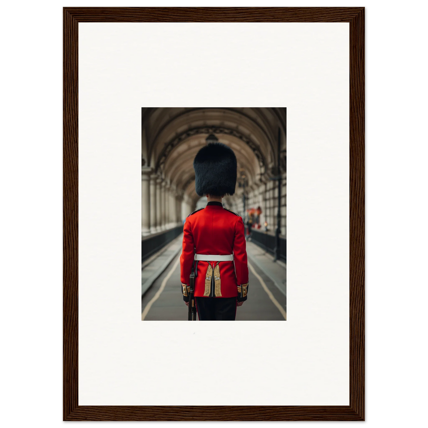Royal guard in red uniform and bearskin hat from Scarlet Temporal Century framed art