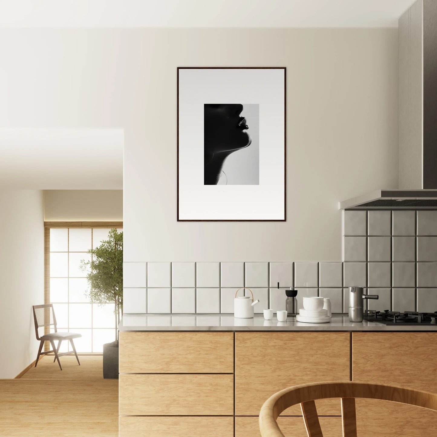 Modern kitchen with light wood cabinets and Ethereal Odyssey Sonata artwork