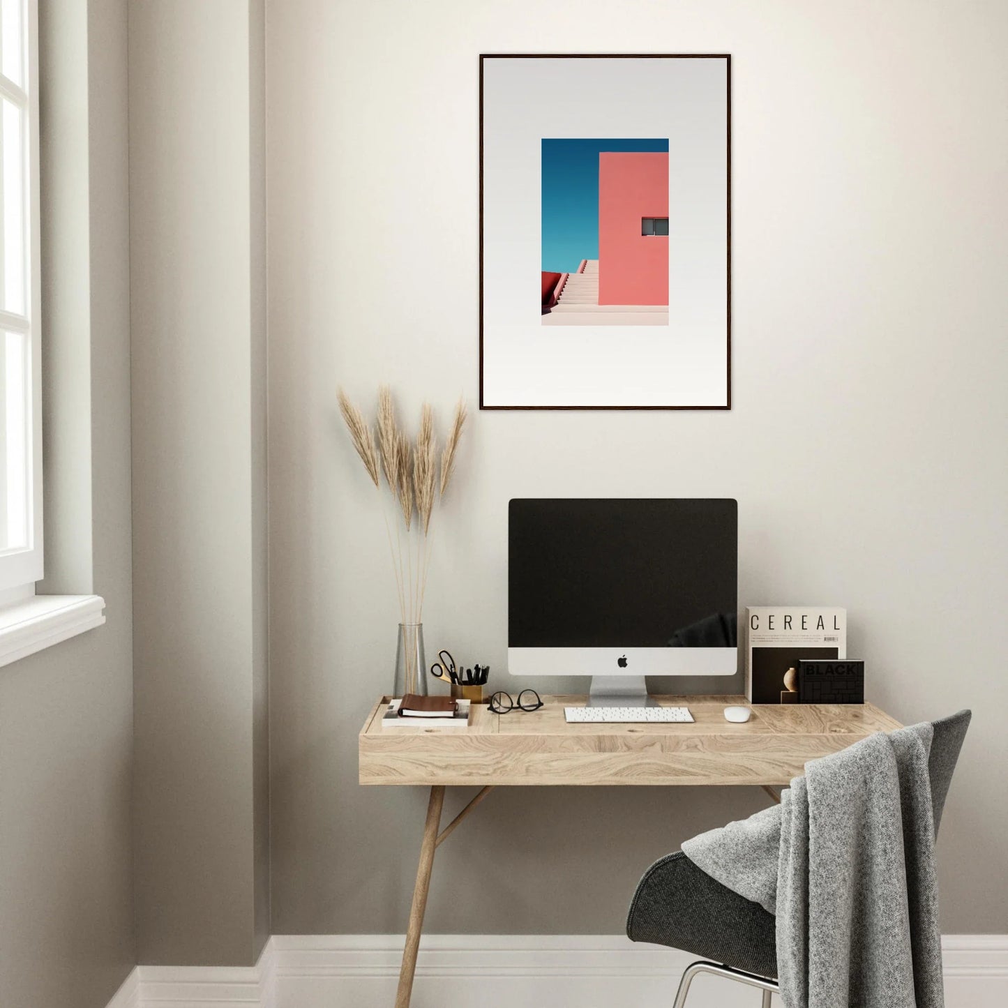 Minimalist wooden desk with iMac, perfect for showcasing Cerulean Dream Ickles