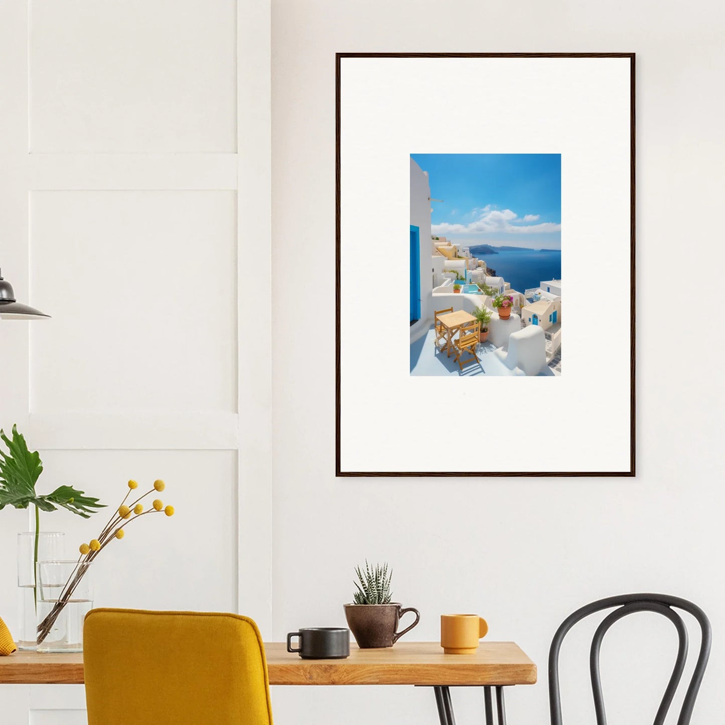 Framed photograph of Santorini’s white buildings for Dream-Touched Odyssey framed posters