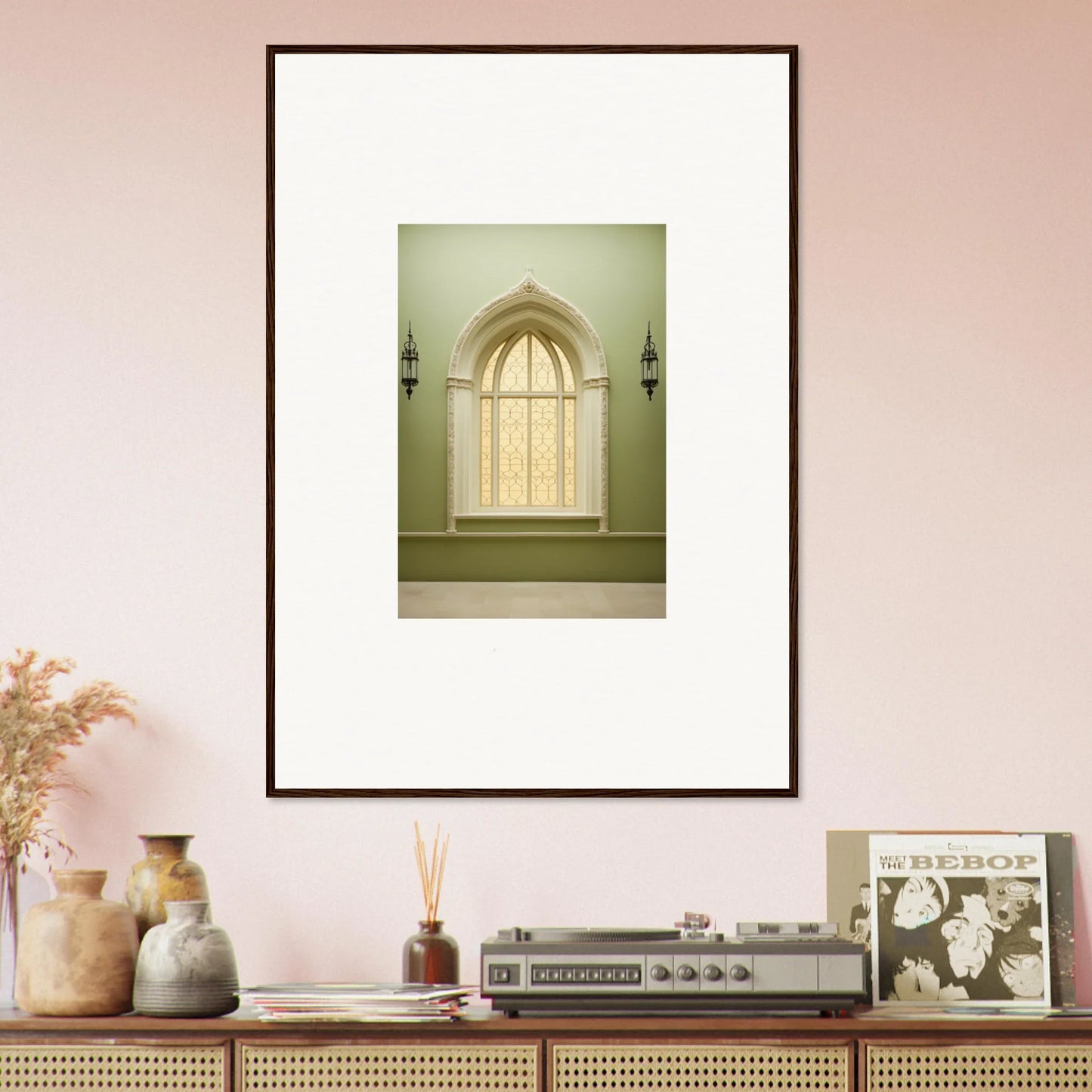 Framed wall art of an arched church window in Opalescent Tranquility Dwelling
