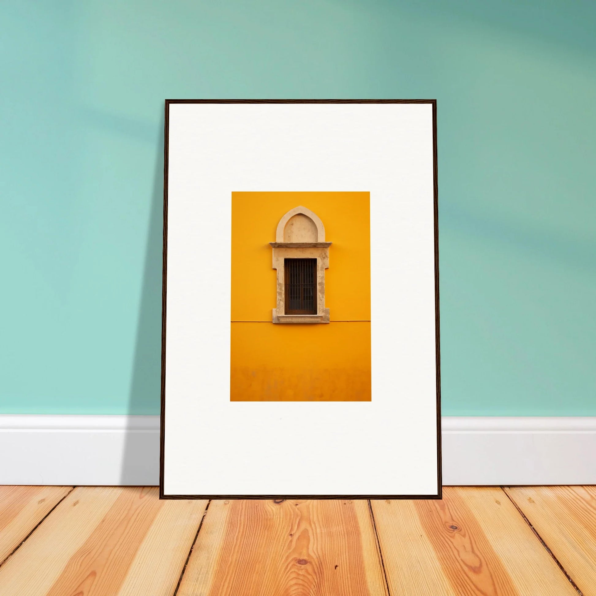 Framed wall art of an ornate window on a yellow wall, perfect for the Golden Correspondence Portal