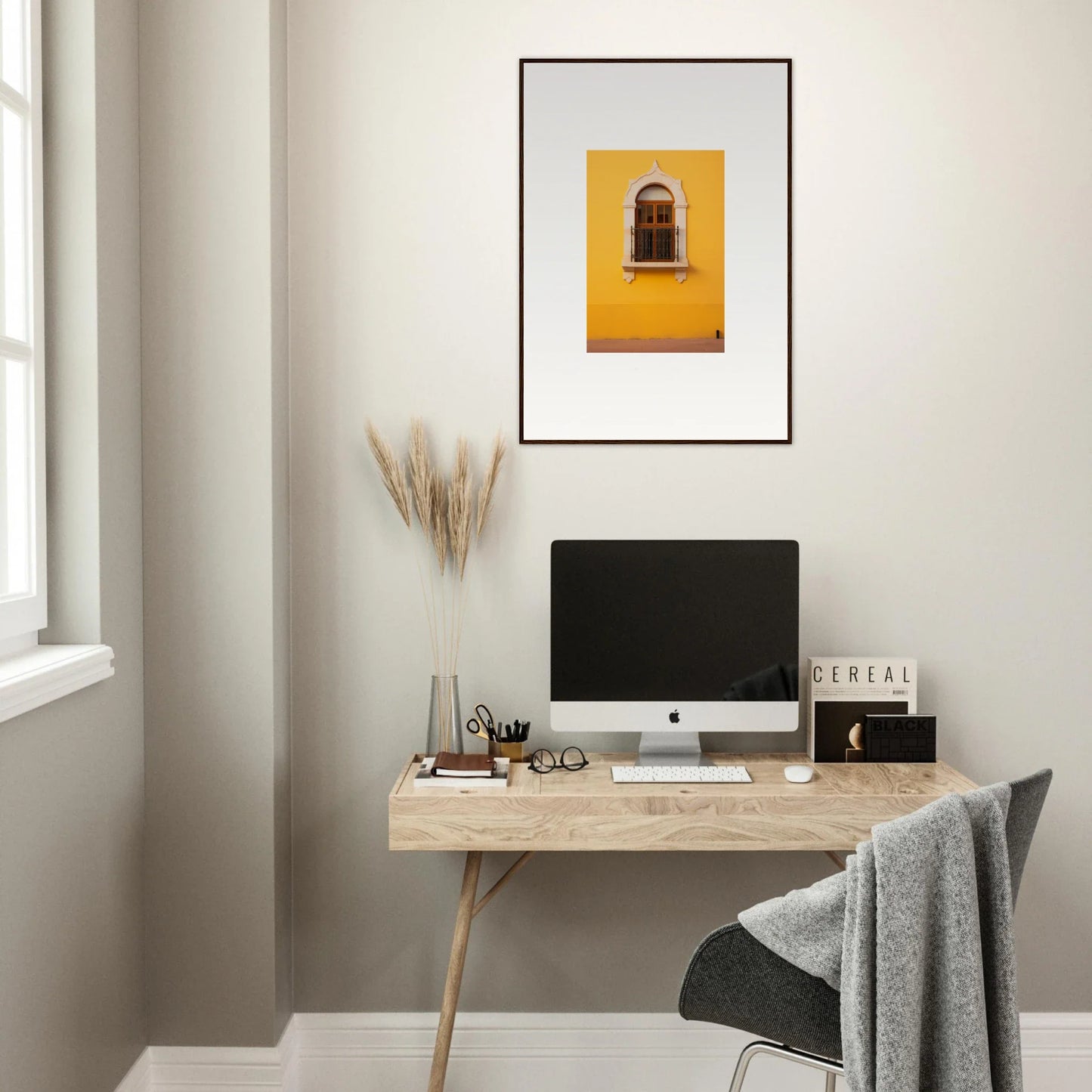 Minimalist home office with iMac on wooden desk featuring Golden Portal Reverie decor
