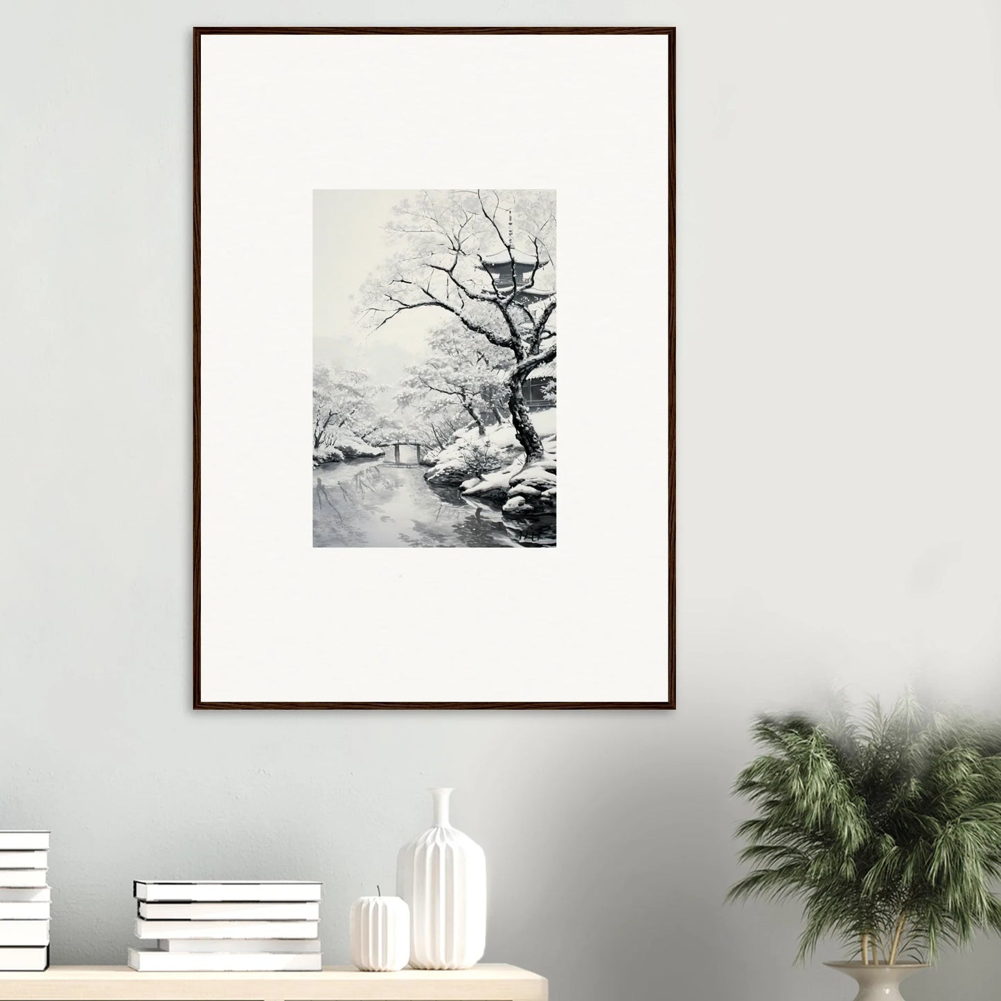 Framed black and white winter landscape art from Chilled Lunar Embrace special edition