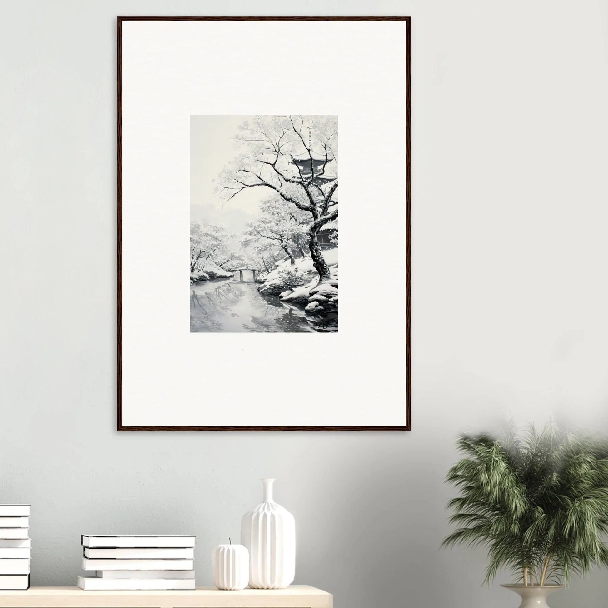Framed black and white winter landscape art from Chilled Lunar Embrace special edition