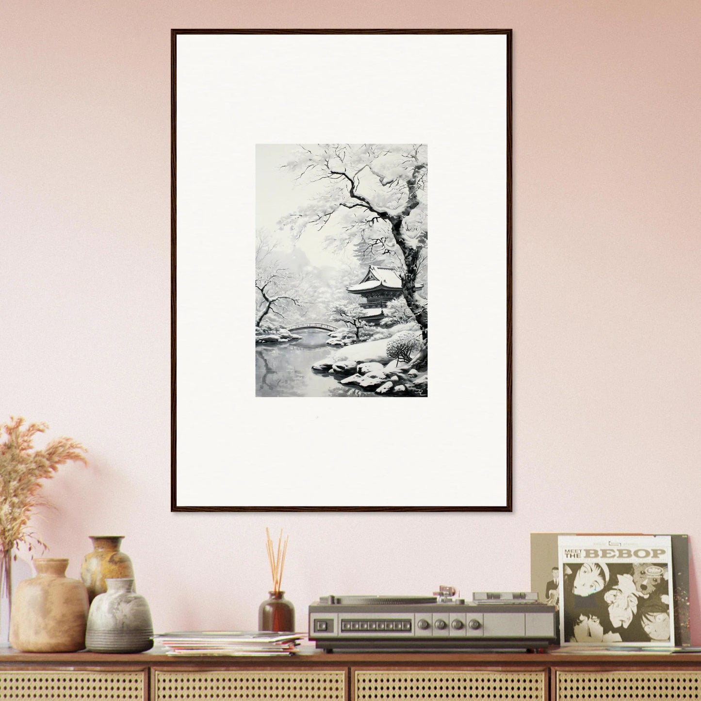 Framed black and white artwork of a winter landscape for Winter Embrace Whisper