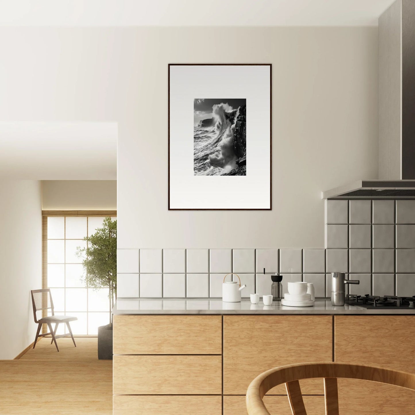 Black and white framed wall art from Tidal Curved Reality on a white wall