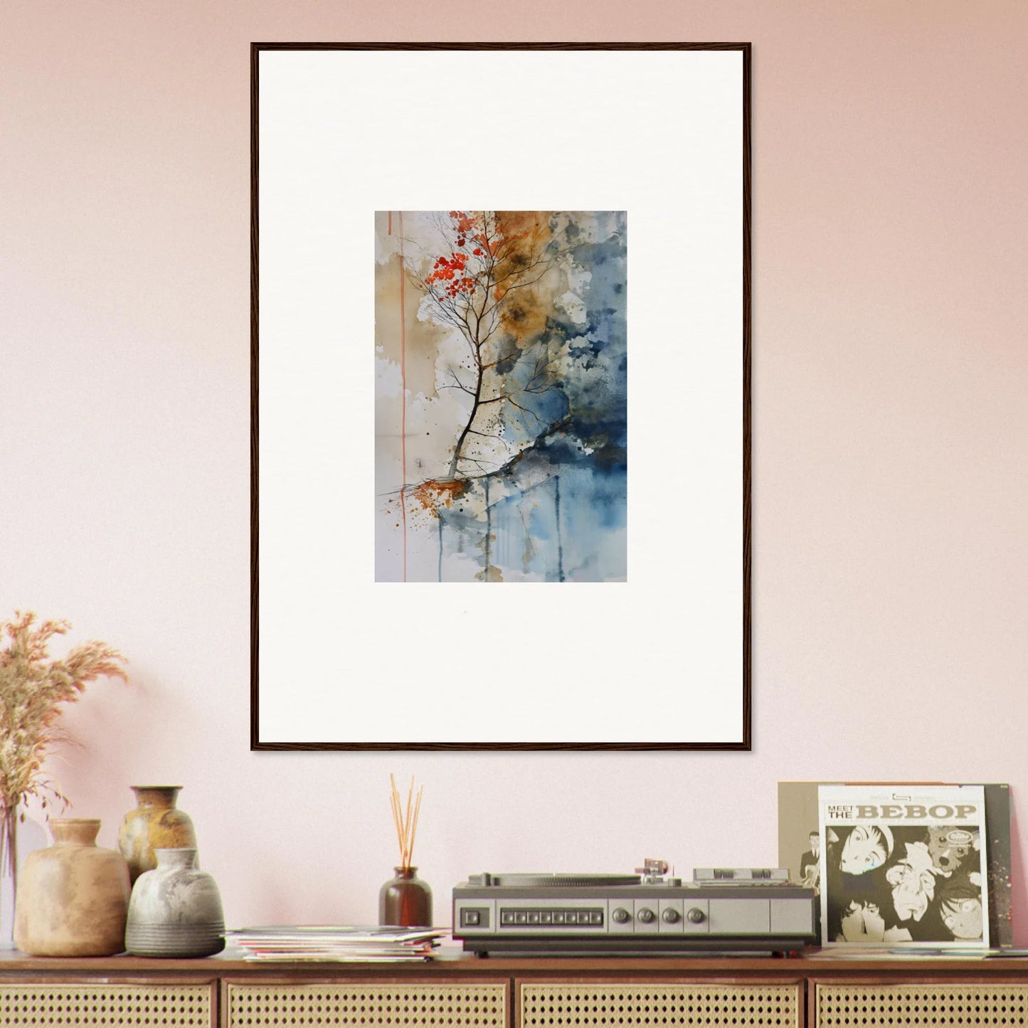 Framed watercolor wall art of a branch with red berries for cozy room decoration