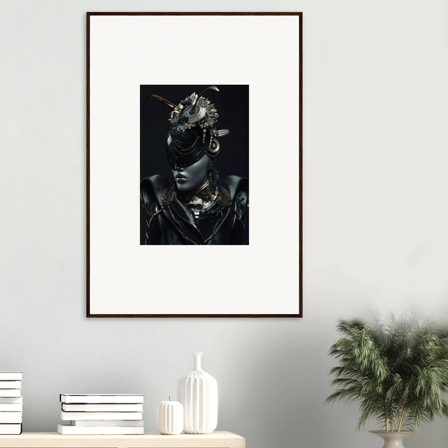 Framed canvas print of Queenbotorama in dark, futuristic attire for wall art decor