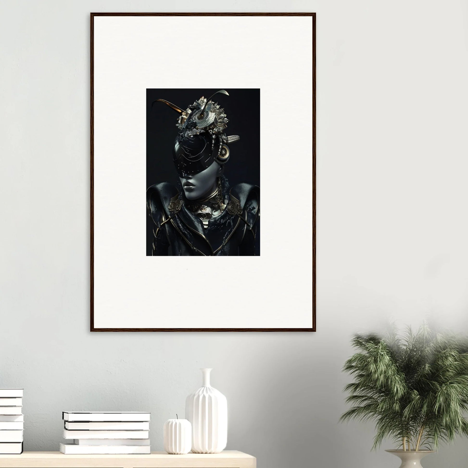 Framed canvas print of Queenbotorama in dark, futuristic attire for wall art decor