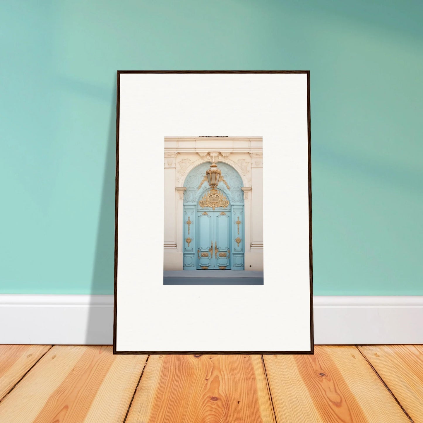 Framed poster of an ornate light blue door, part of the Ethereal Thresholding Gate collection