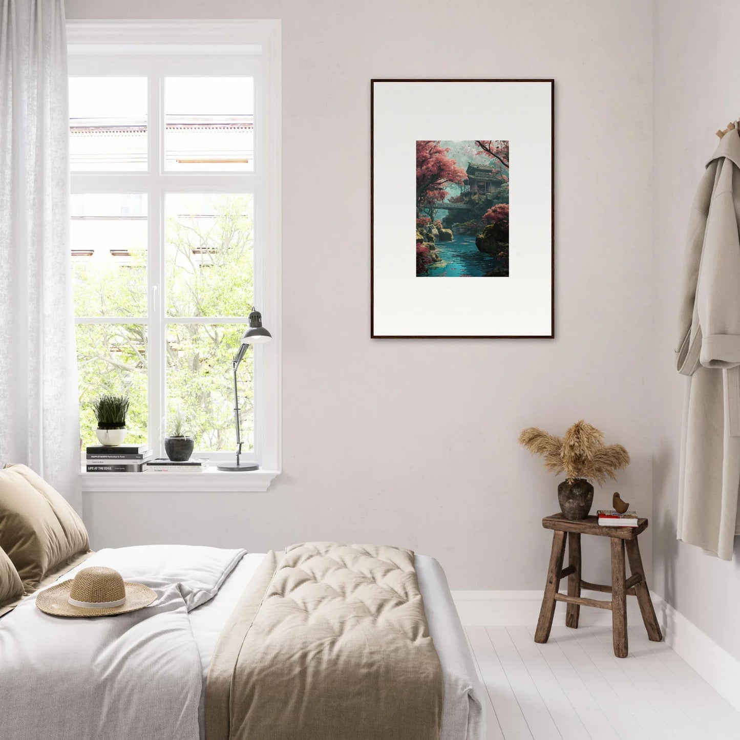 Minimalist bedroom showcasing Serenity’s Dreamscape with framed abstract art on pale walls