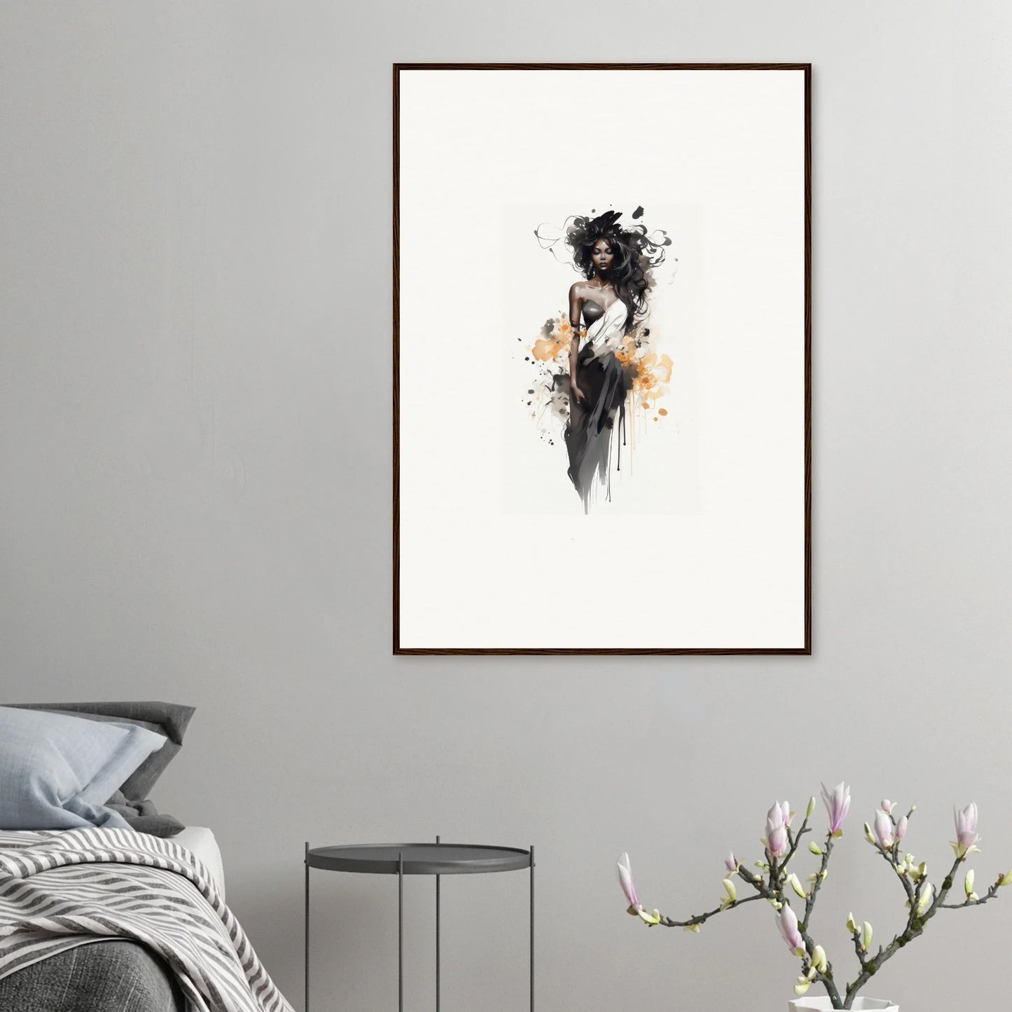 Artistic watercolor-style figure in black and orange for Harlequin Suns Wash framed wall art