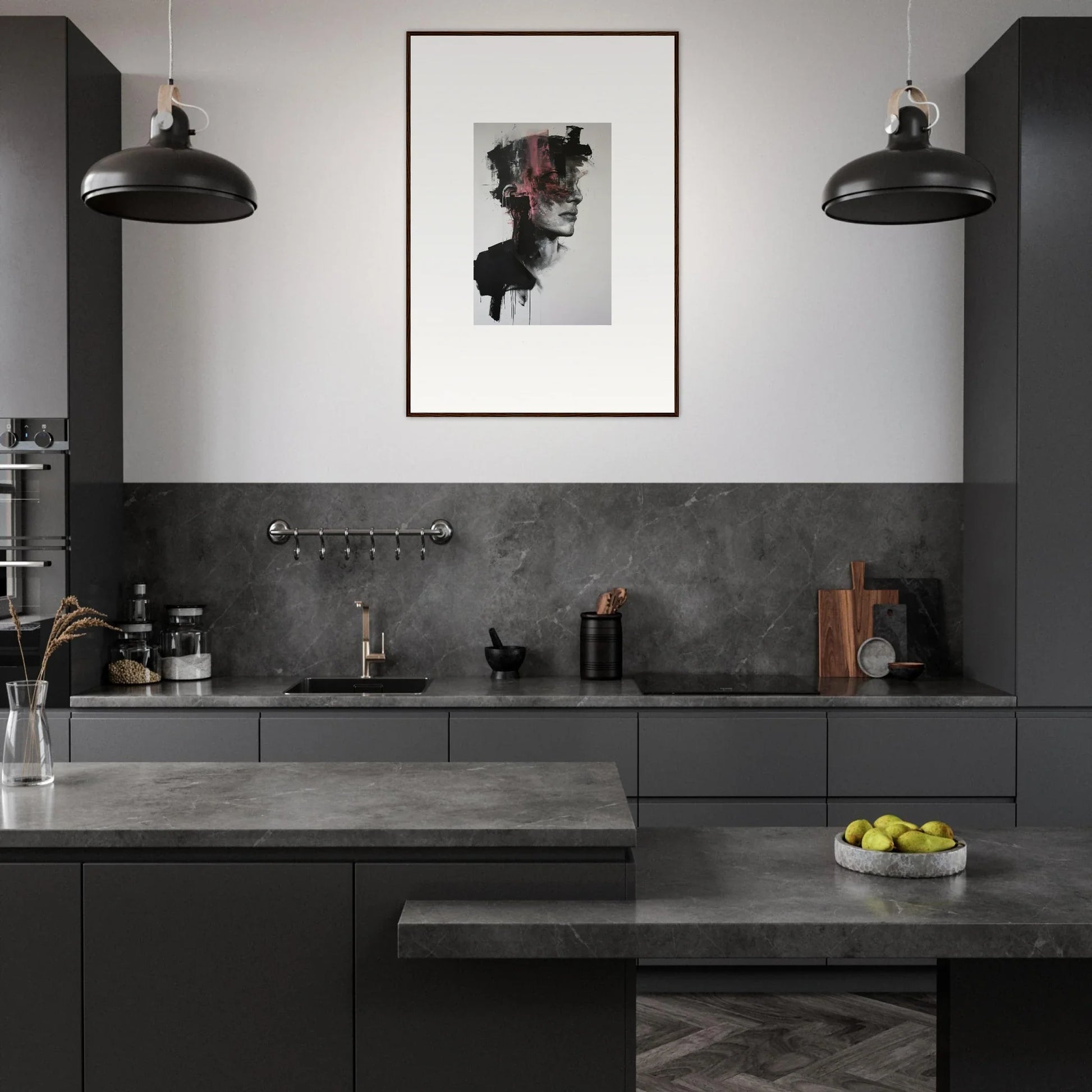 Modern dark gray kitchen featuring Fragmented Psyche Canvas and industrial pendant lights