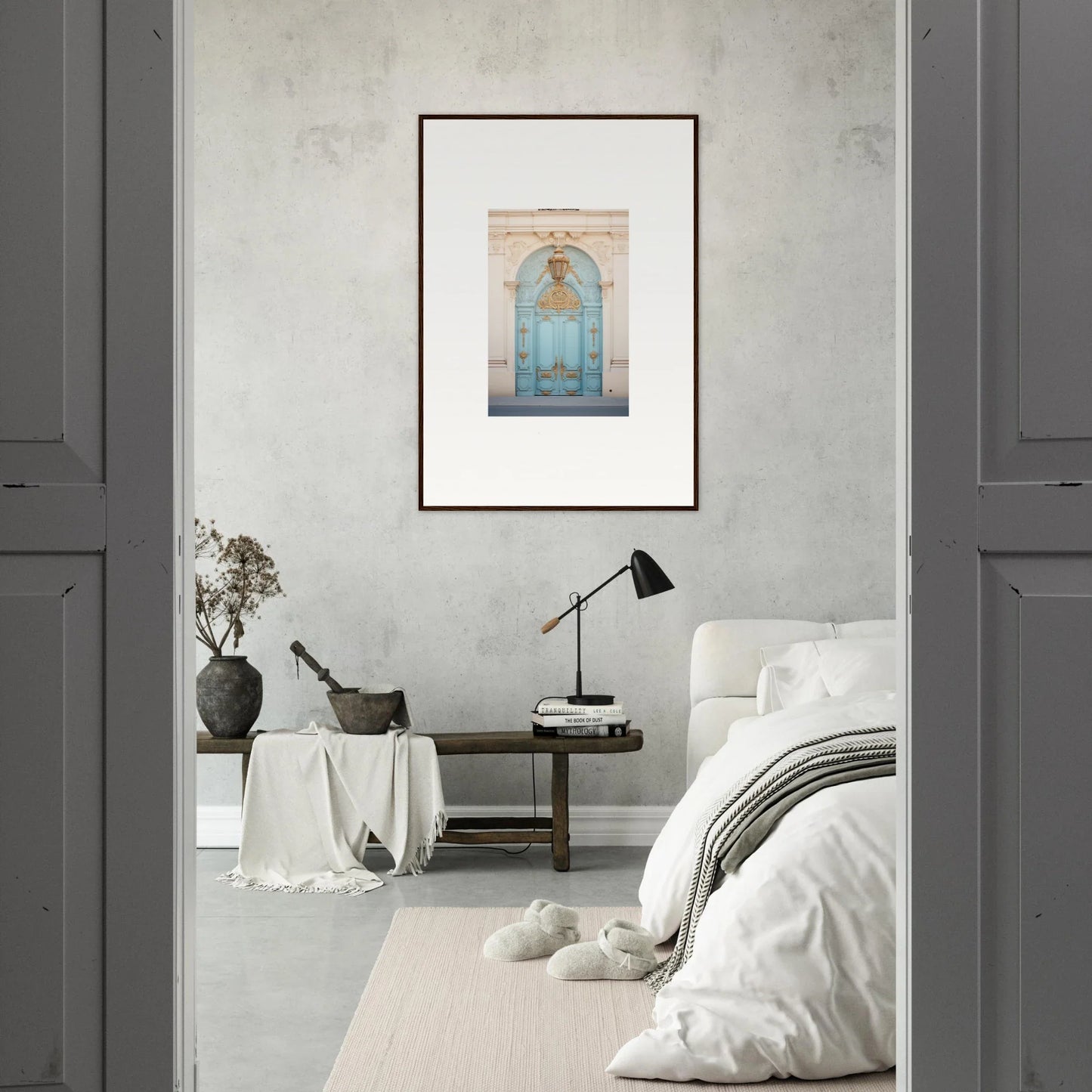 Framed poster of an ornate blue door, part of the Ethereal Thresholding Gate collection